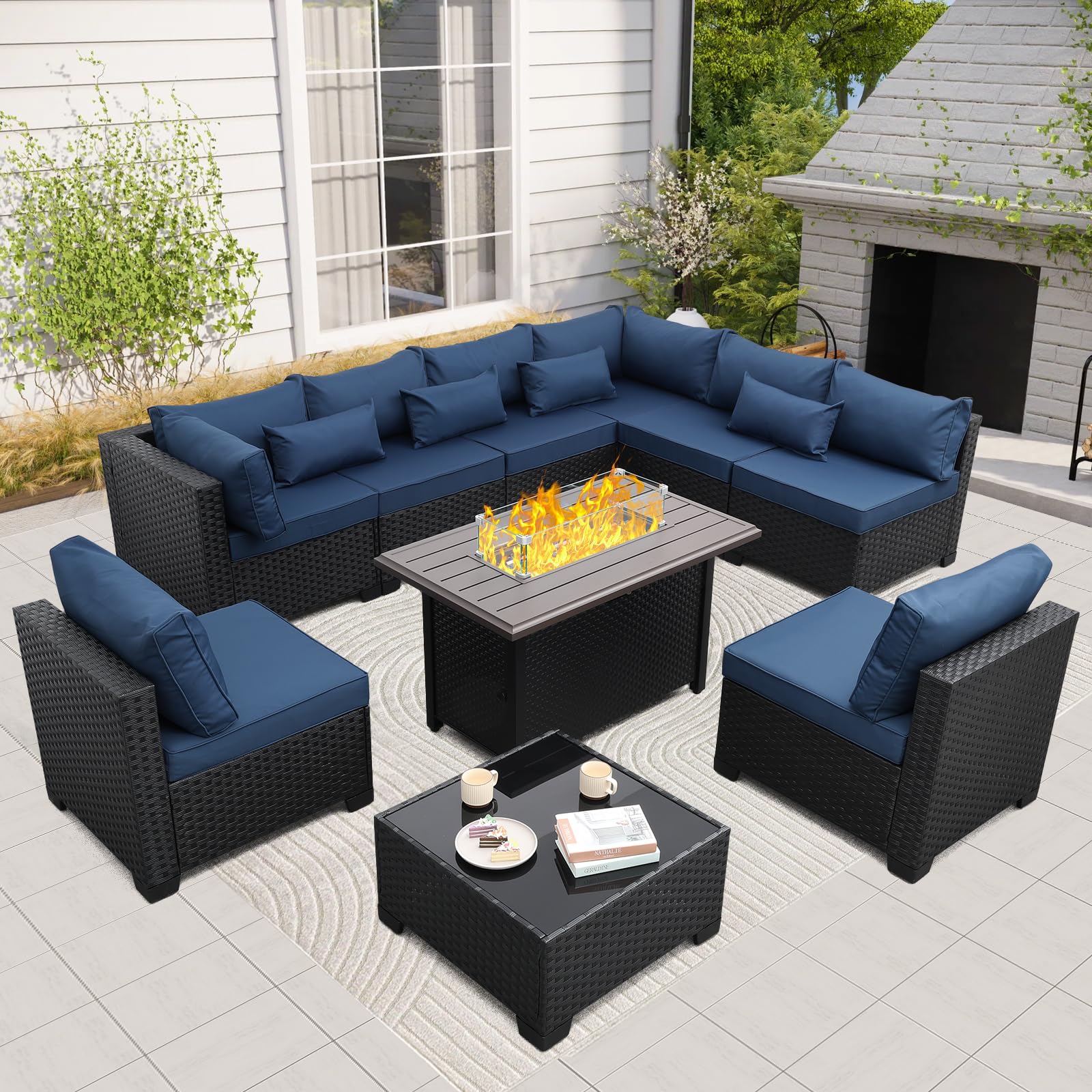 Rattaner 10-Piece All-Weather Wicker Patio Furniture Set with Steel Fire Pit Table, Glass Coffee Table & Non-Slip Cushions - Navy Blue Outdoor Sectional Sofa for Backyard, Poolside & Garden Relaxation