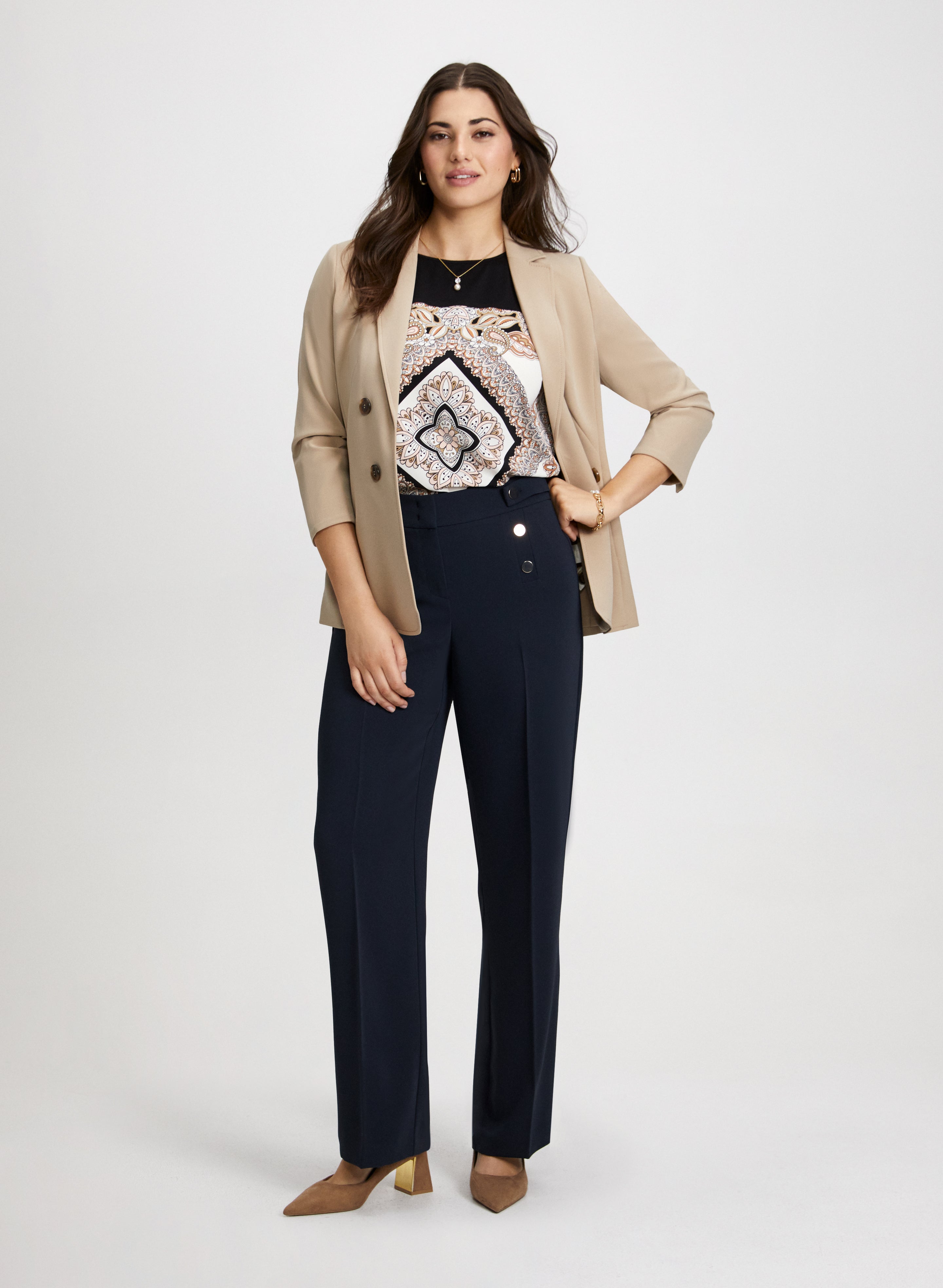 Stylish Decorative Button Jacket & Modern Fit Wide Leg Pants Set - Trendy Women's Outfit for Office, Date Night & Casual Wear
