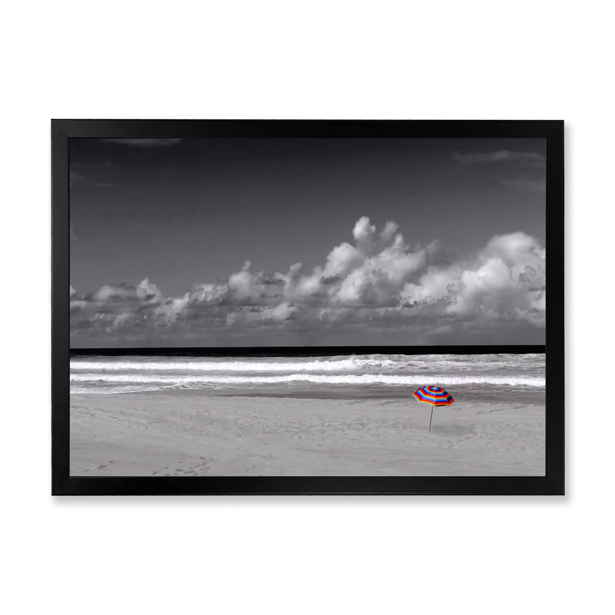 DesignQ Monochrome Coastline Under Cloudy Sky Lake House Framed Wall Art - Black & White Beach Landscape Painting for Living Room, Bedroom & Office Decor