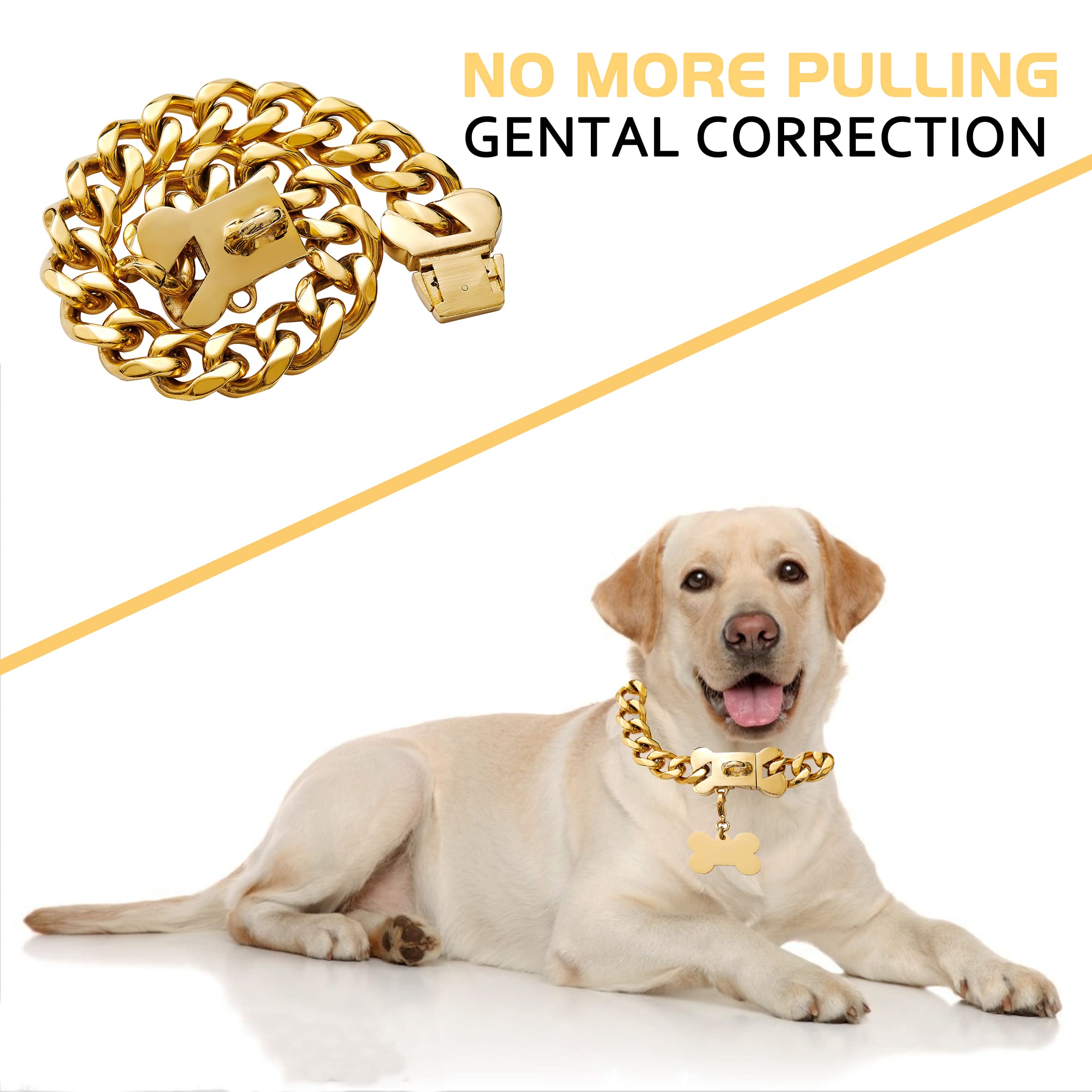 Premium Stainless Steel Heavy Duty Cuban Link Dog Collar - Gold Plated Chain with Metal Buckle for Bully, Pitbull & Large Dogs (10-26 inch) - Durable Training Collar for Walking, Protection & Fashion Accessory
