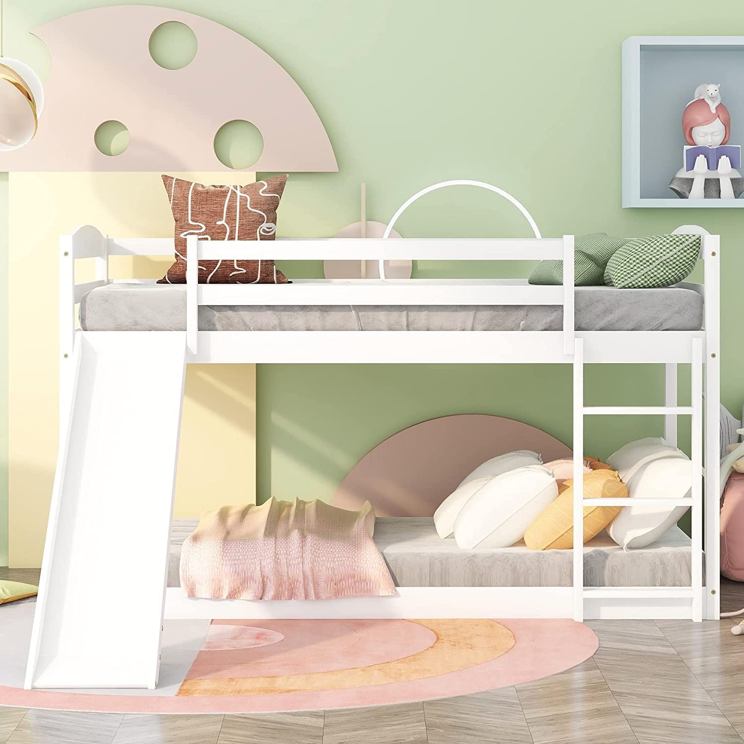 Harper & Bright Designs Twin Over Twin Wooden Bunk Bed with Slide & Ladder - Low Profile Kids Bunk Bed for Toddler Boys & Girls, White - Perfect for Small Bedrooms, Playrooms & Sleepovers