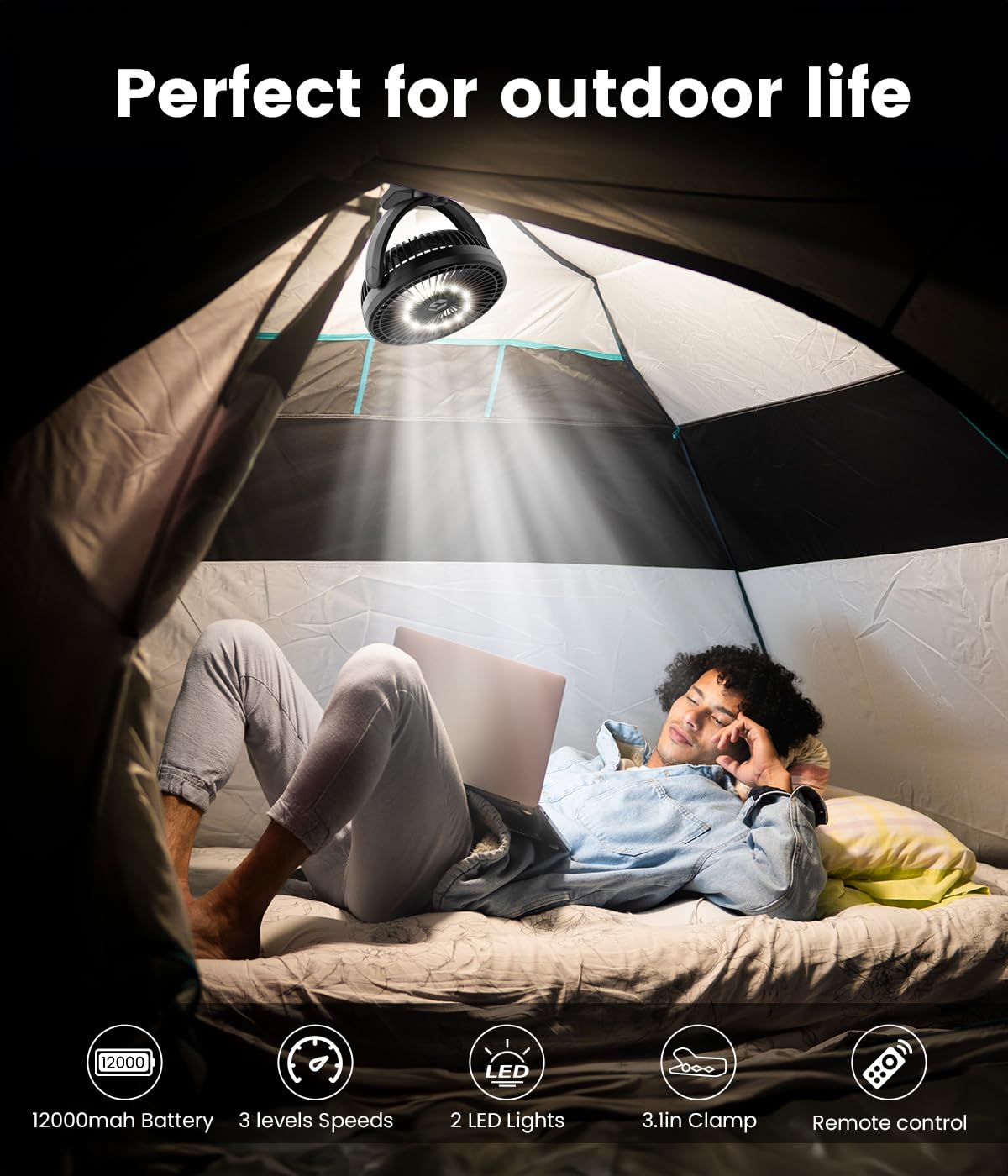 8-inch Clip on Fan - 12000mAh Rechargeable Battery, 3 Speed Adjustable Portable Fan with Strong Airflow, USB Powered Quiet Personal Desk Fan for Office, Stroller, Bedroom, Camping & Outdoor Activities