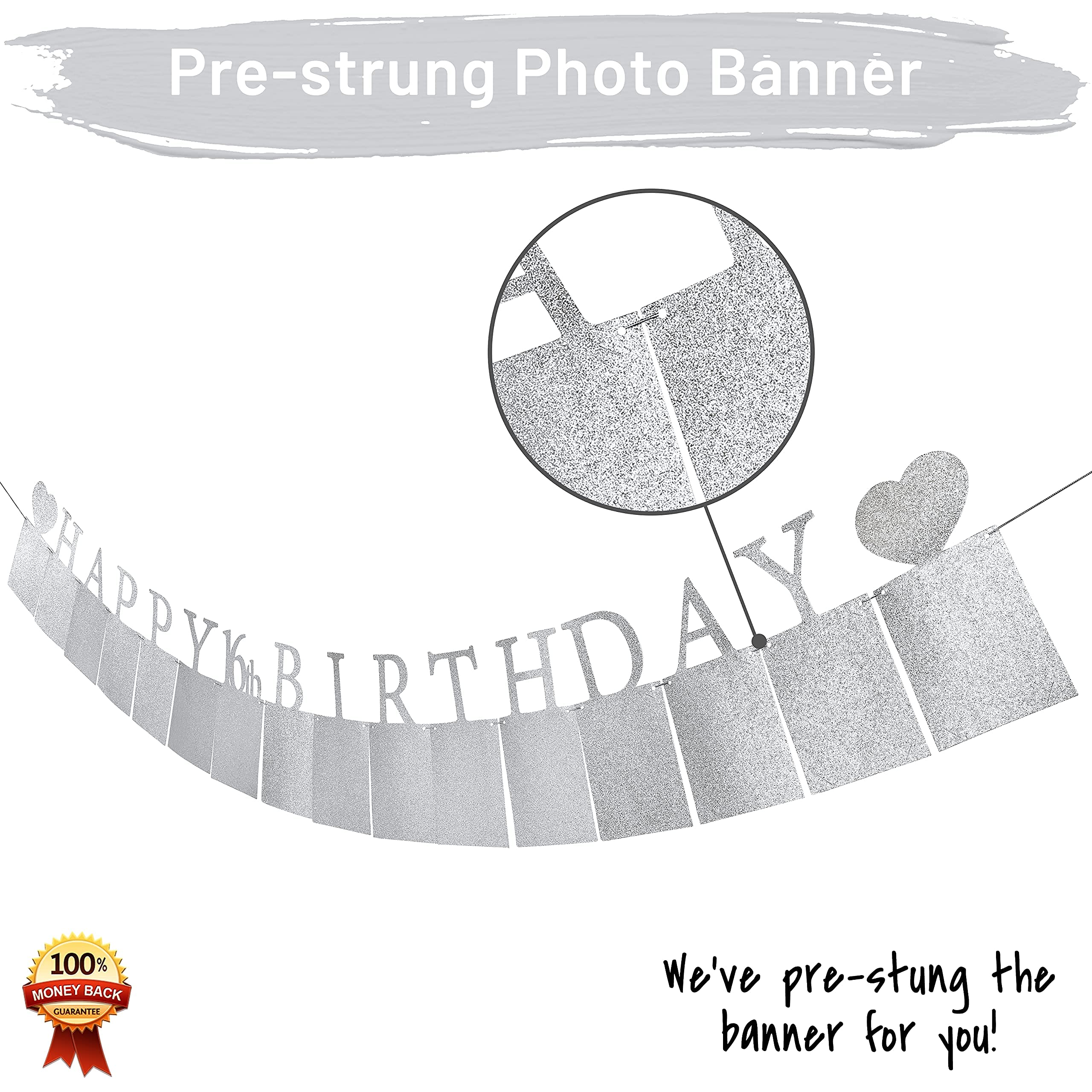 Sweet 16 Birthday Party Decorations - Silver Pre-Assembled Photo Banner with 16 Card Frames | Happy 16th Birthday Decor for Girls | Perfect for Sweet 16 Parties, Milestone Celebrations & Teen Birthday Photo Backdrops