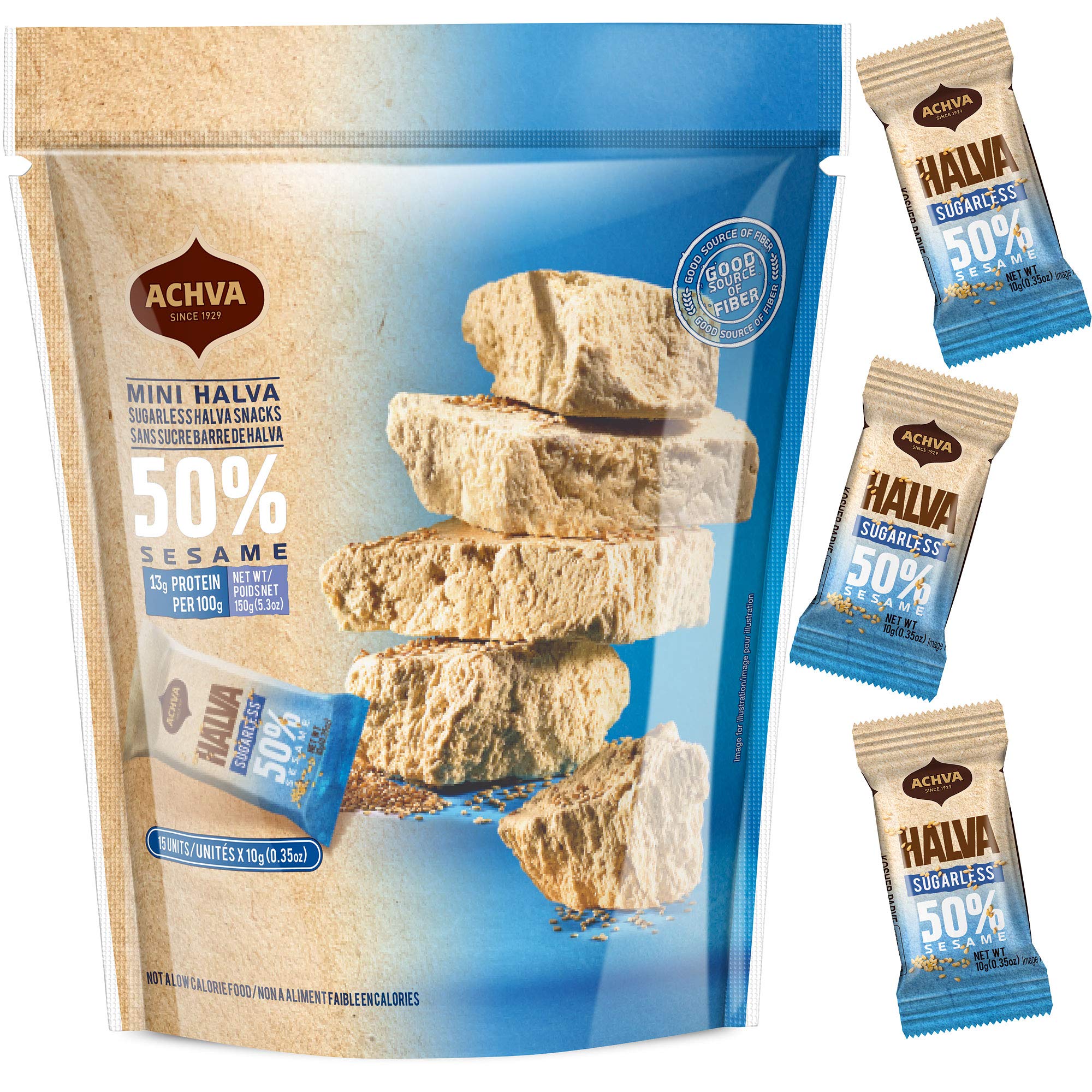 Sugar-Free Halva Tahini Bar Mini Snacks - 15-Pack Vanilla Flavor Halvah Bites | Vegan, Gluten-Free, Kosher, Lactose-Free Snacks by Achva (12g Each) | Perfect for On-the-Go, Office Snacks & Healthy Desserts