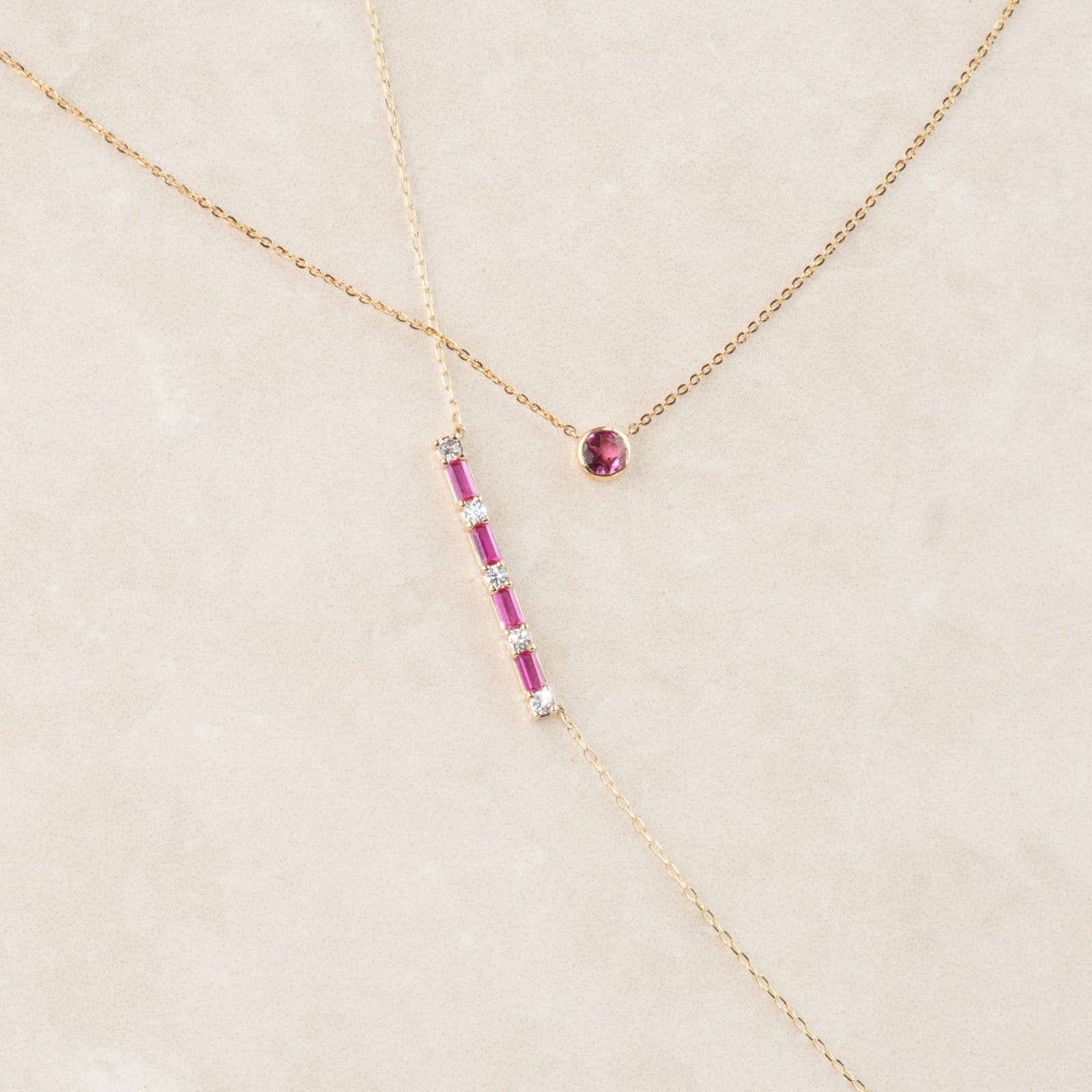 Emerald Cut Ruby and Round White Sapphire Bar Necklace - 10k Solid Yellow Gold Dainty Jewelry for Women, Gift for Her, Anniversary, Birthday, Valentine's Day