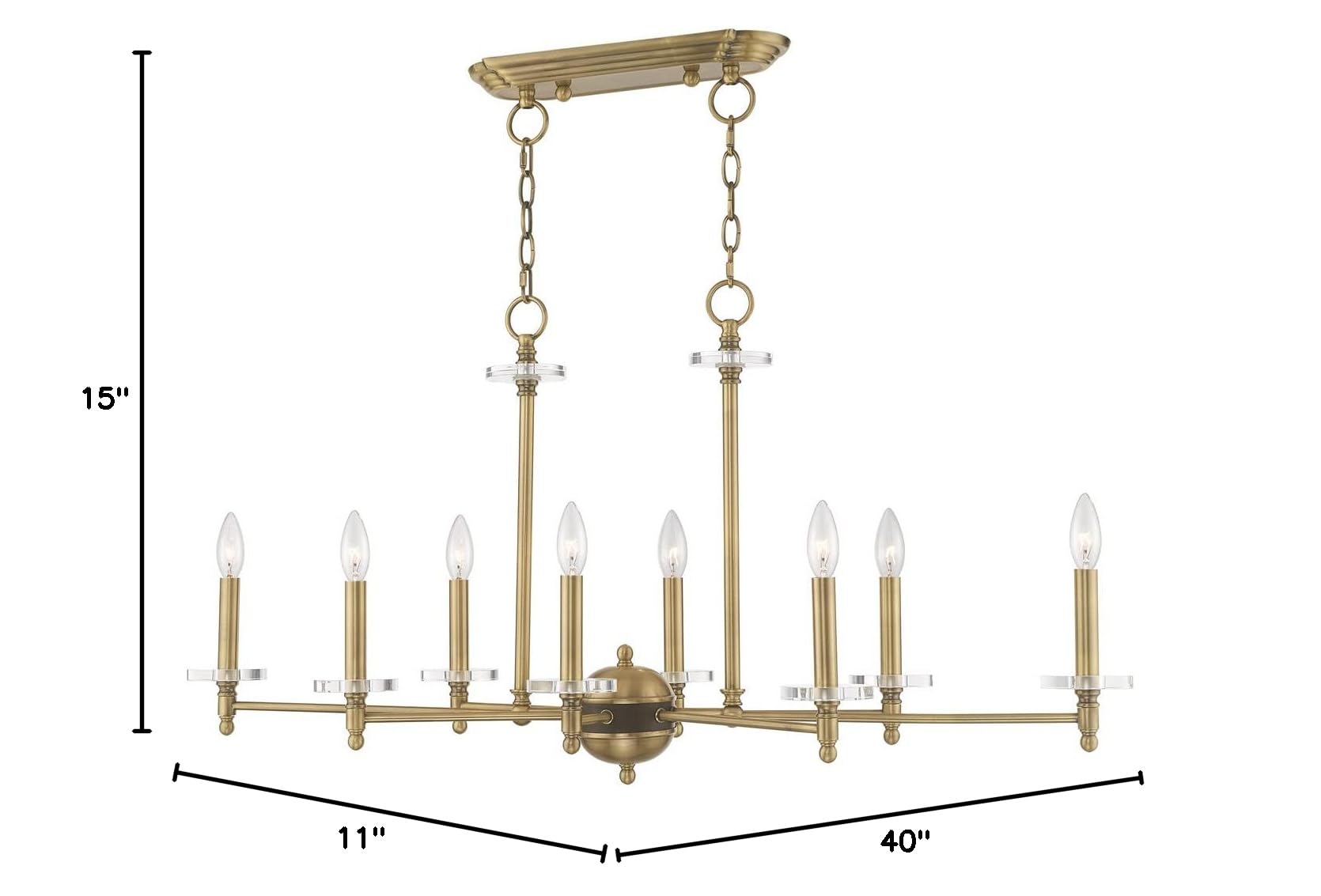 Livex Lighting 42708-01 Bancroft 8-Light Linear Chandelier with Clear Bobeche Crystals in Antique Brass Finish - Perfect for Dining Room, Foyer, or Luxury Home Decor