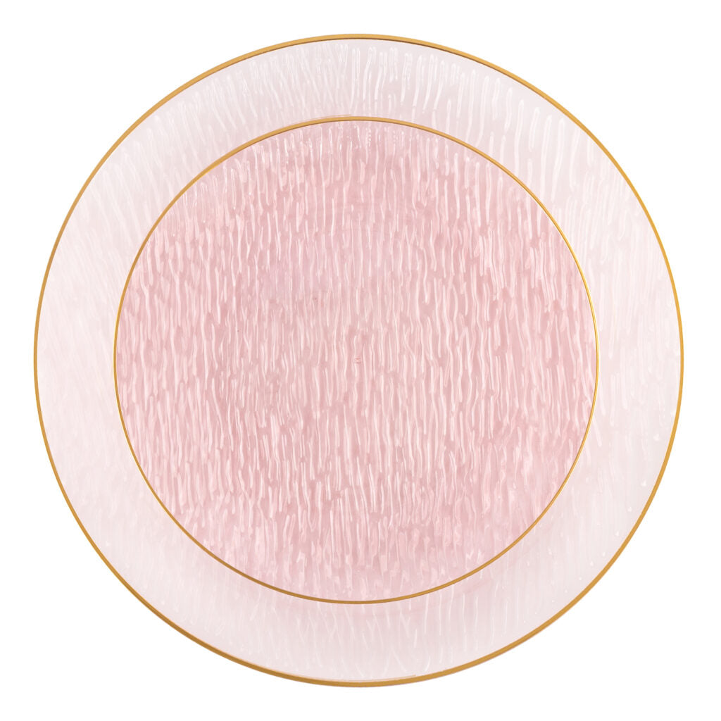 24-Pack Transparent Pink & Gold Rim Round Plastic Dinnerware Set - 12-Piece Service for 12 Guests - Shatterproof Party Plates, Cups & Bowls - Perfect for Weddings, Birthdays & Outdoor Events