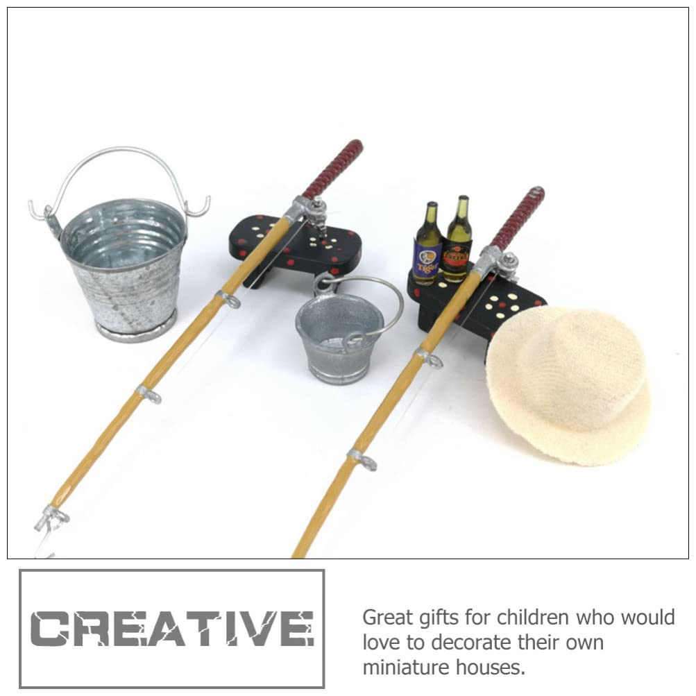 Kisangel Miniature Fishing Pole Set - Tiny Dollhouse Fishing Rod & Gear for Mini Bench, Hat, Beer Bottles, Buckets - Perfect for DIY Crafts, Model Scenes & Home Decor