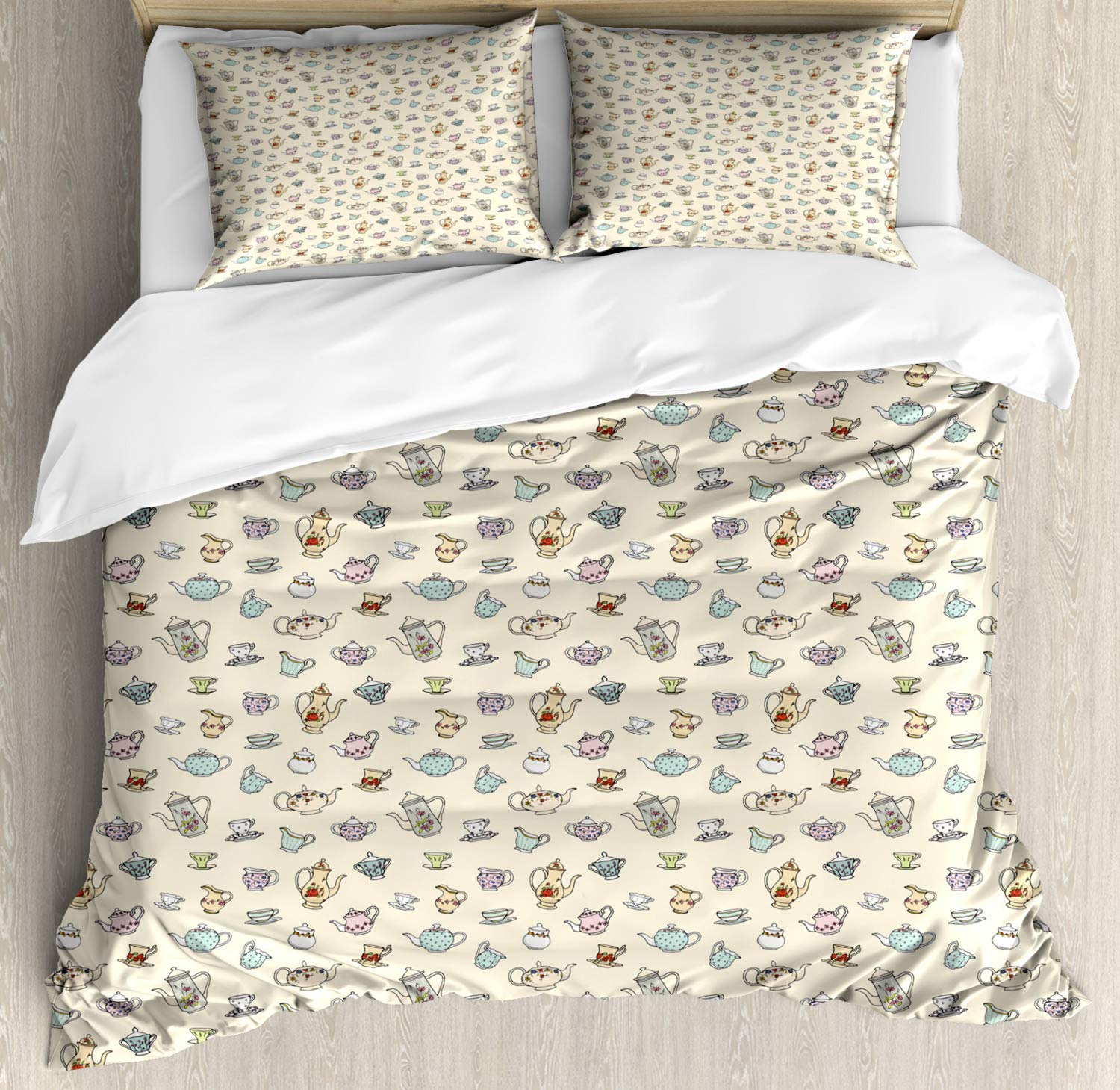 Ambesonne Vintage Tea Party Duvet Cover Set - Queen Size 2-Pack with 2 Duvet Covers & 4 Pillowcases, Floral Teapot Design for Cozy Afternoon Tea Time - Perfect for Bedroom Decor and Themed Tea Party Events