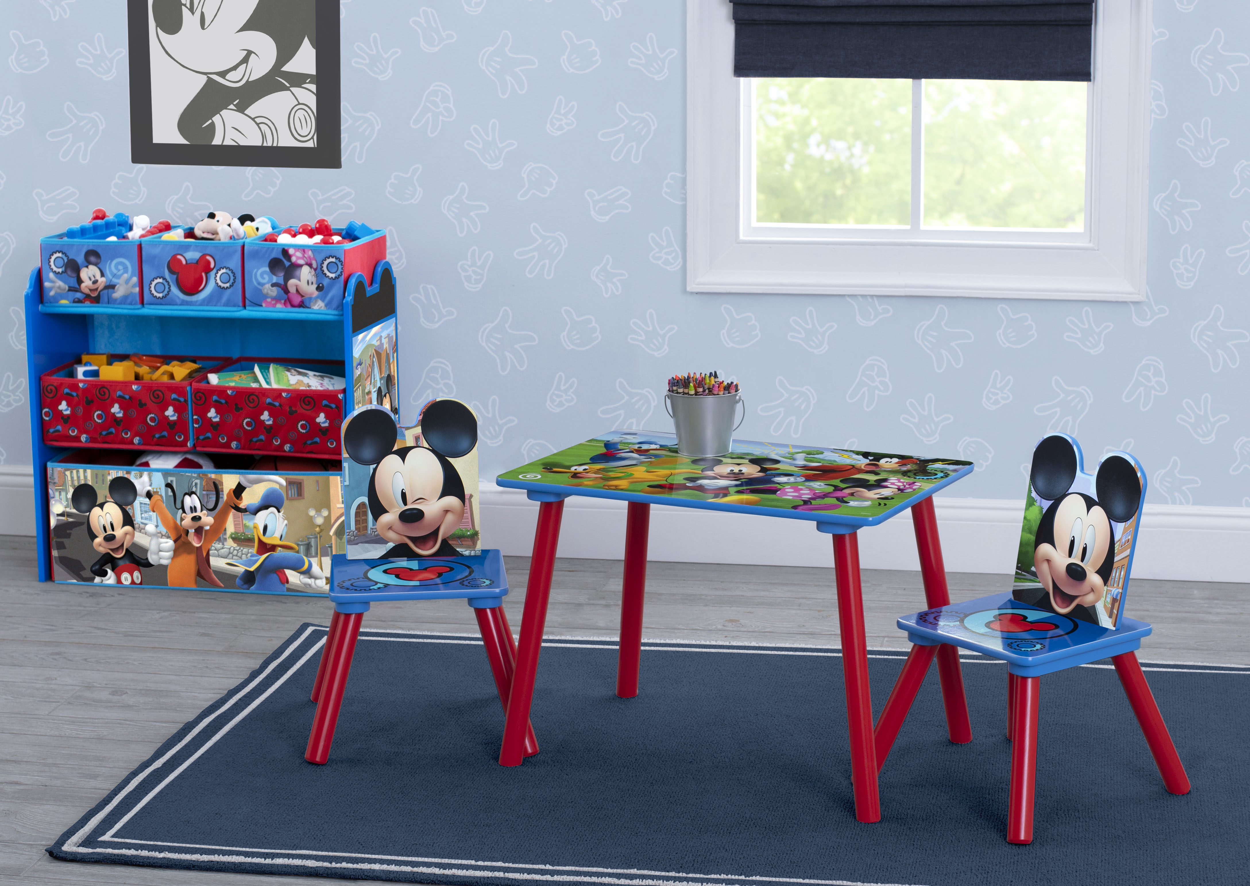 Mickey Mouse Kids Playroom Set - 4 Piece Table & Chairs with 6 Bin Toy Organizer for Toddlers | Perfect for Playrooms, Daycares & Preschools