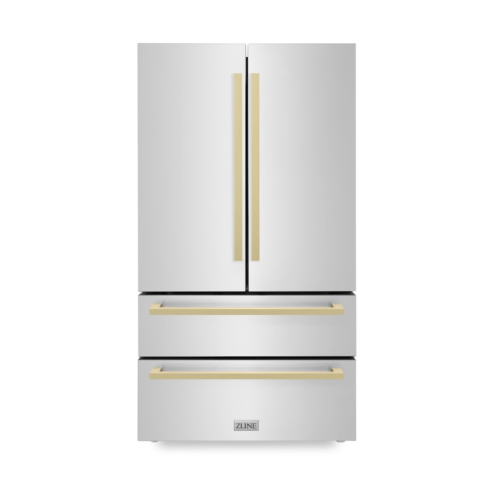 ZLINE Autograph Edition 36 Inch Counter Depth French Door Refrigerator - 22.5 cu.ft Capacity, Fingerprint Resistant Stainless Steel, Champagne Bronze Handles with Built-in Ice Maker | Perfect for Modern Kitchens, Entertaining & Large Family Storage (RFMZ 36 FCB)