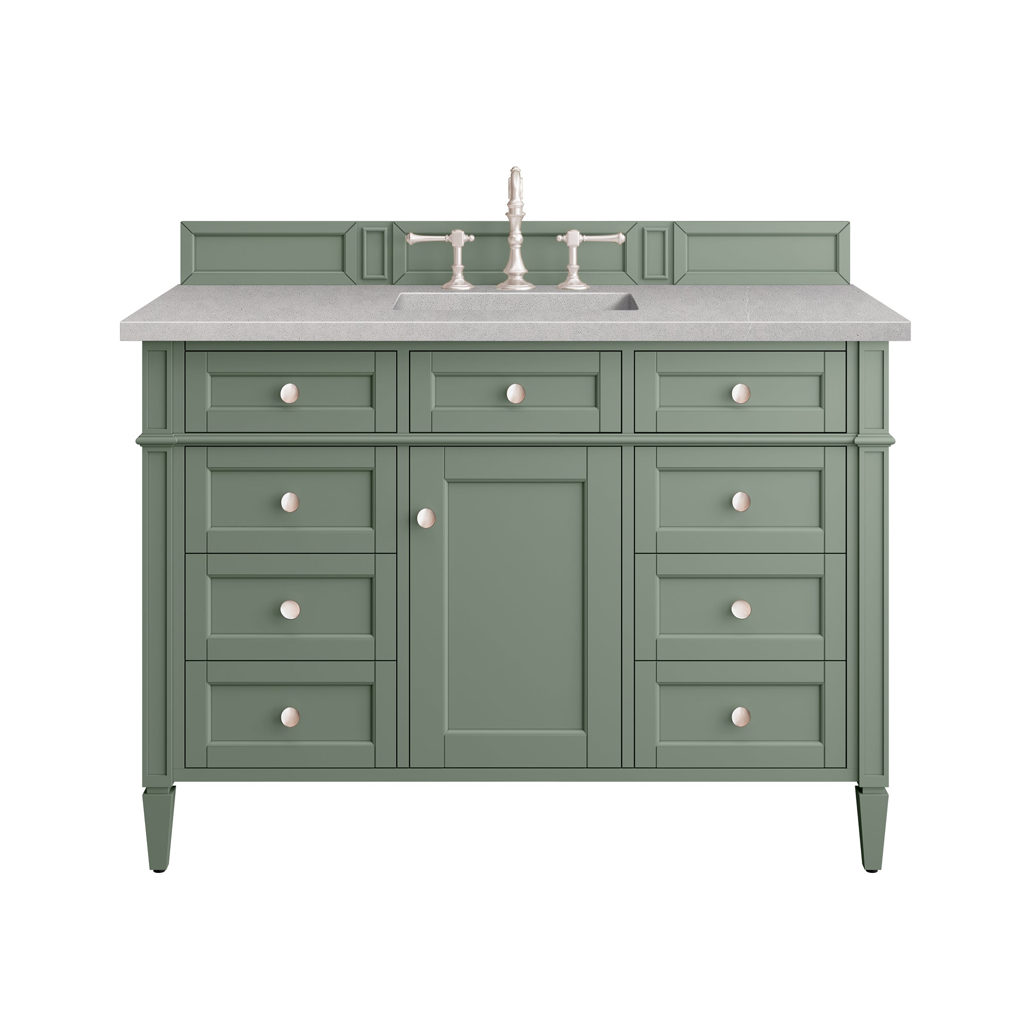 Brittany 48 Inch Single Bathroom Vanity with Smokey Celadon Finish & 3CM Eternal Serena Quartz Top - Perfect for Modern Master Bathrooms and Powder Rooms