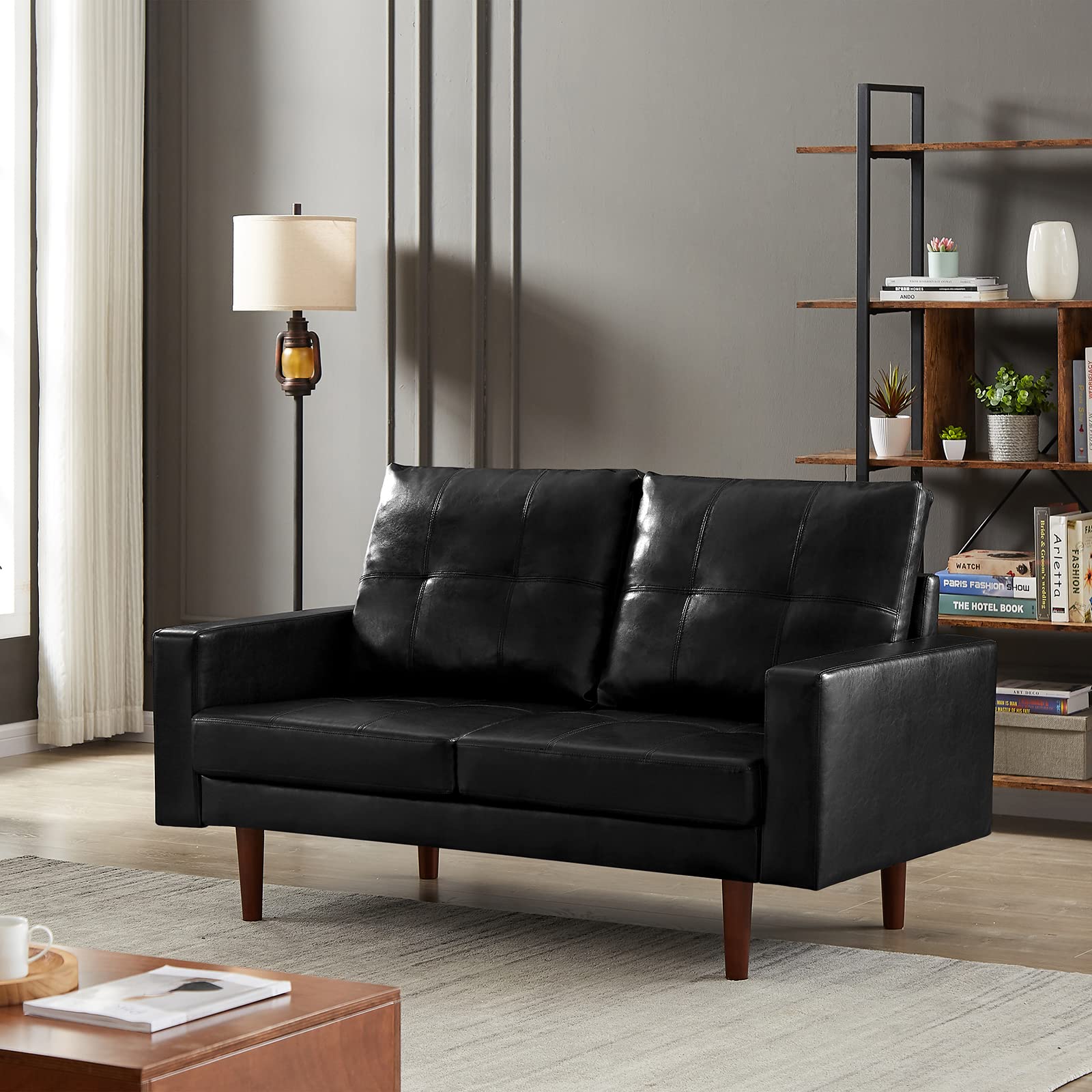 Modern PU Leather Loveseat Sofa with High-Density Foam Cushion & Solid Wood Legs - Comfortable Accent Love Seat for Living Room, Bedroom or Office - Perfect for Small Spaces, Reading Nook & Guest Seating (Black)