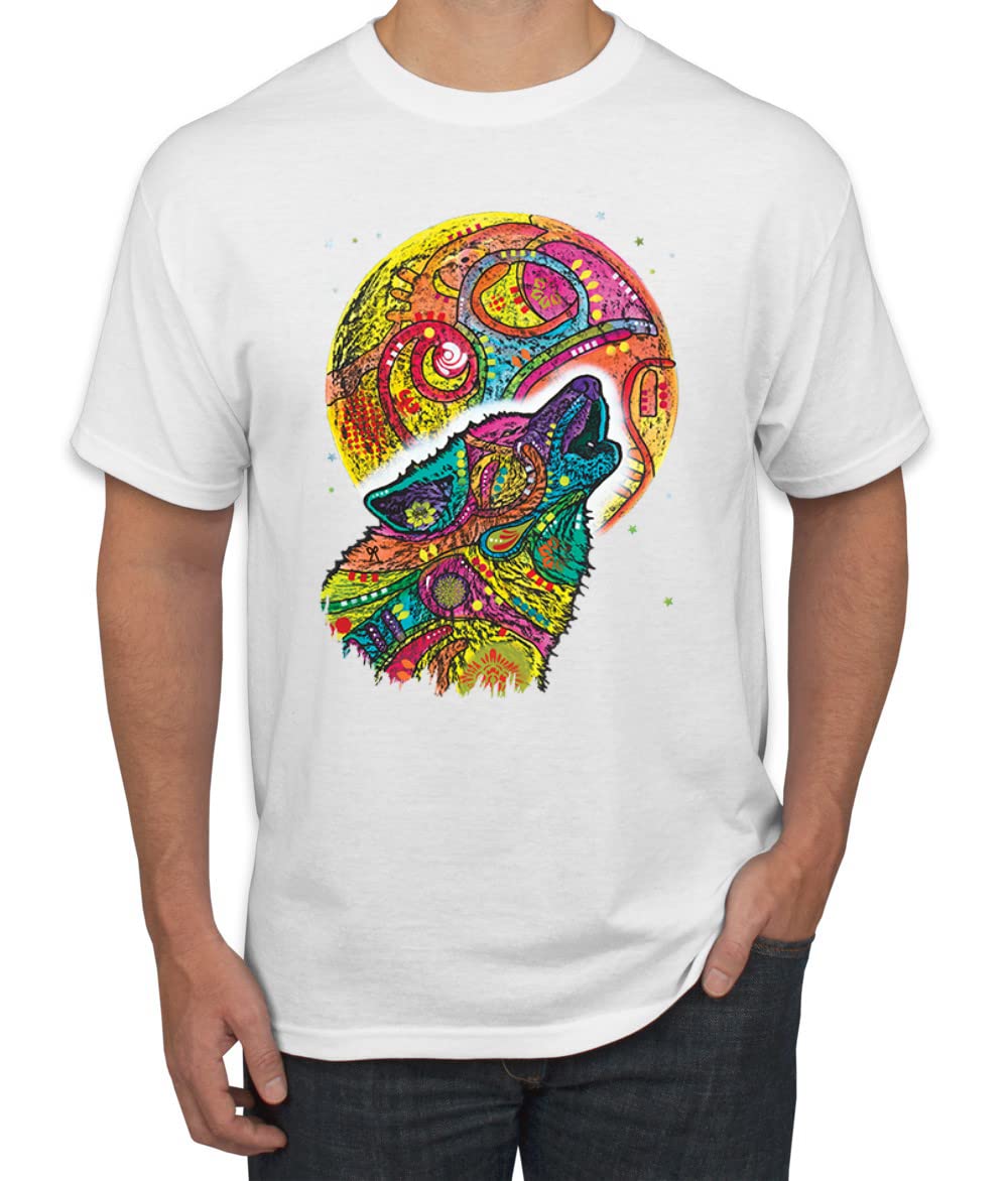 Dean Russo Howling Wolf at Moon Neon Art T-Shirt for Men - Animal Lover Graphic Tee for Casual Wear, Street Style & Wolf Enthusiasts