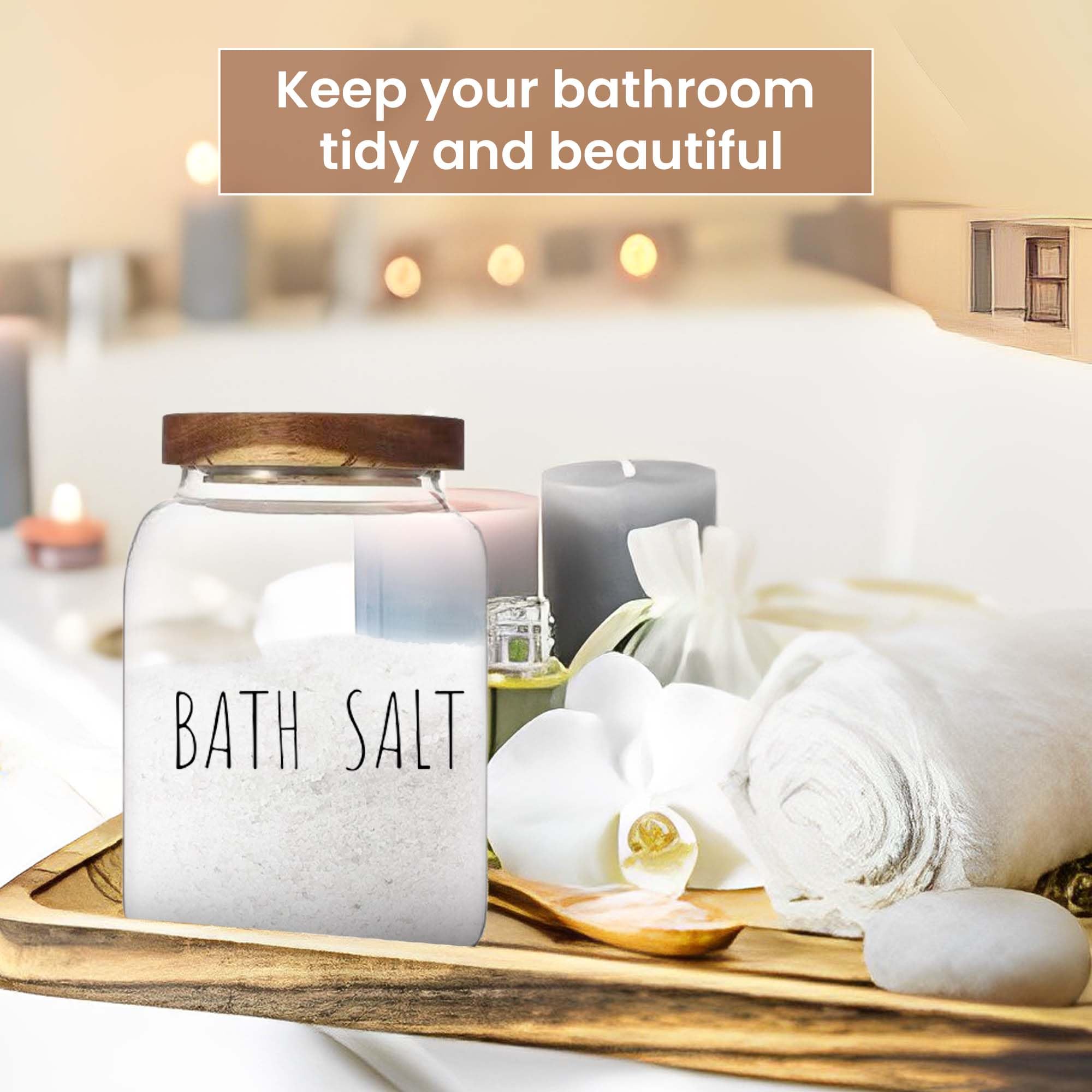 Bath Salts Glass Jar with Wooden Lid & Scoop - Airtight Bath Salt Container for Women - Perfect for Bathroom Decor & Bathtub Accessories - Ideal for Relaxing Spa Nights & Gift Giving
