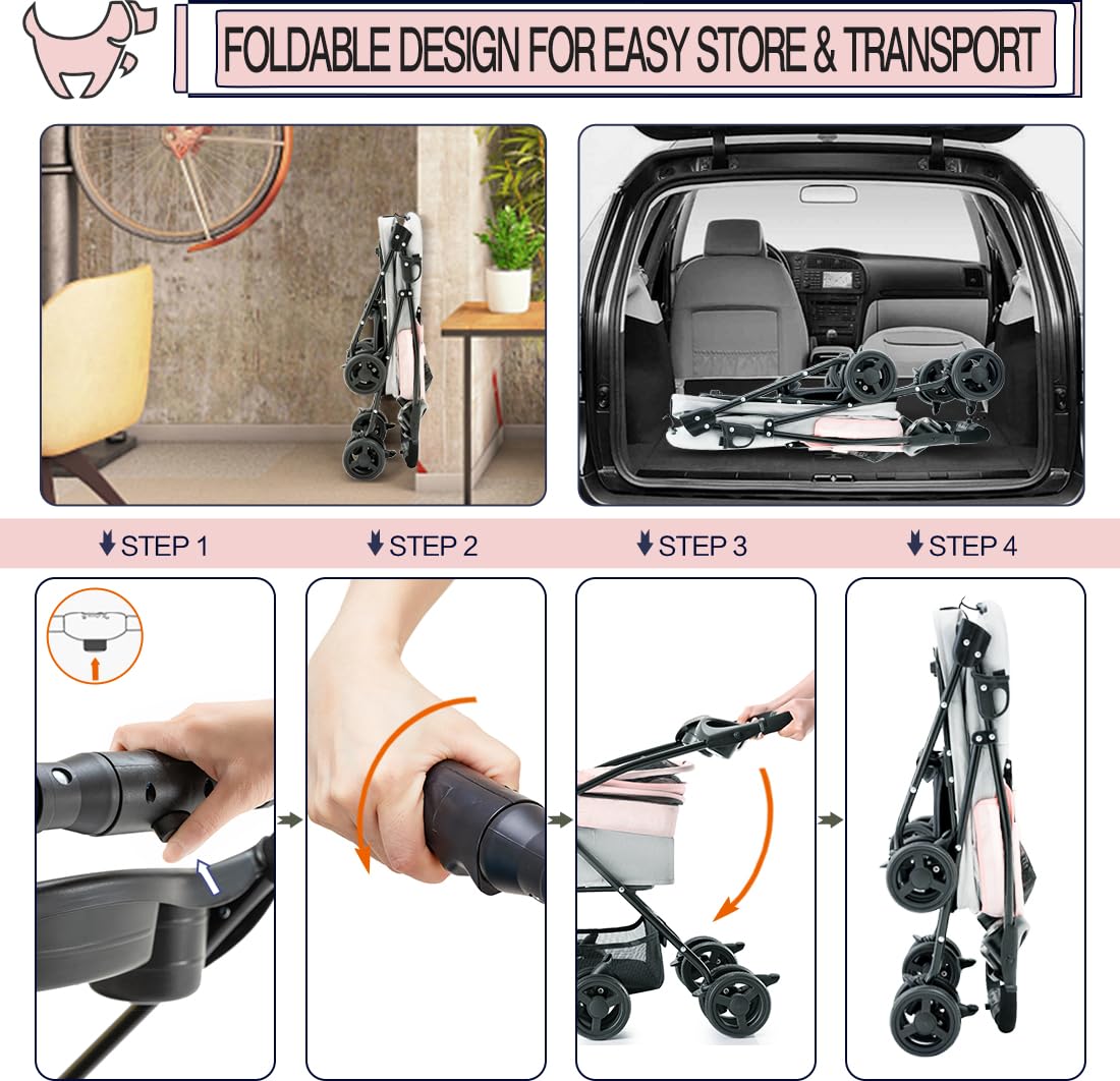 3-in-1 Folding Lightweight Pet Stroller for Small Dogs & Cats - Portable Jogging Stroller with Detachable Carrier, Cup Holder & Storage Basket - Ideal for Walking, Shopping & Outdoor Adventures (4 Wheels)