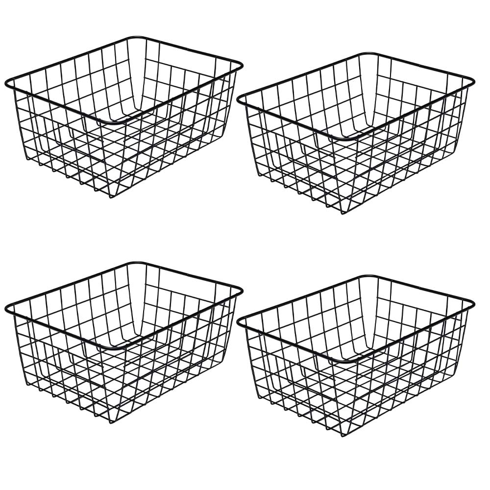 LeleCAT 4-Pack Metal Wire Storage Baskets with Handles - Organizer Bin for Kitchen Cabinets, Pantry, Bathroom, Closets & Garage - Perfect for Food Storage, Home Organization & Space Saving (Black)