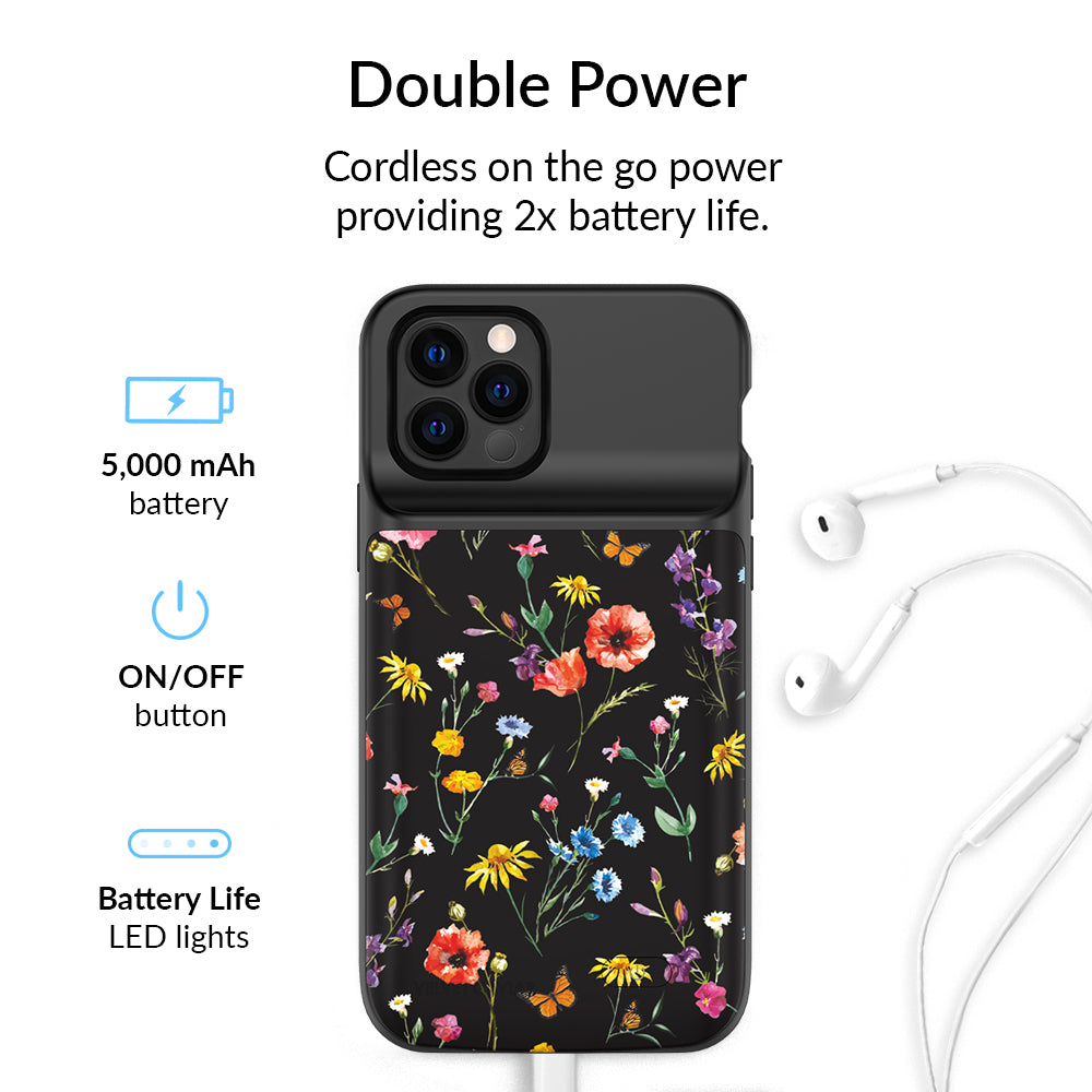 Black Wildflower iPhone Charging Case - Portable Battery Charger for iPhone 11/12/13/14/15 Pro Max - Perfect for Travel, Work & Outdoor Adventures