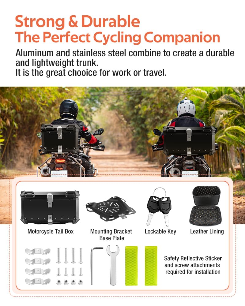 65L Aluminum Motorcycle Top Case - Waterproof, Rustproof & Dustproof Motorcycle Trunk with Anti-Theft Lock System & Universal Bracket - Easy Installation for Secure Storage - Perfect for Commuting, Touring & Adventure Riding (Black)