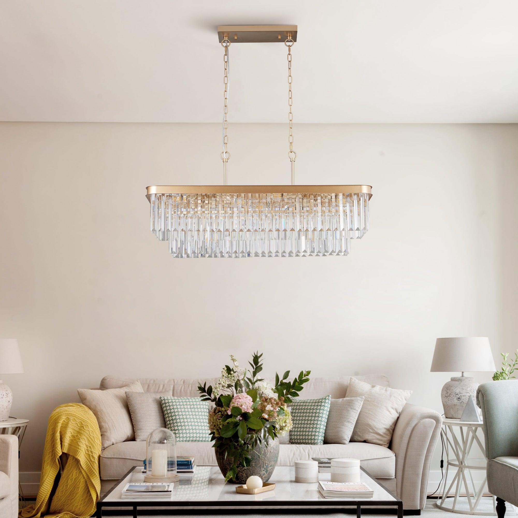 Modern Rectangular Crystal Chandelier - Adjustable E12 Industrial Farmhouse Ceiling Light with Iron Frame in Gold (Bulbs Not Included) - Perfect for Kitchen, Living Room, Bedroom & Dining Room Lighting