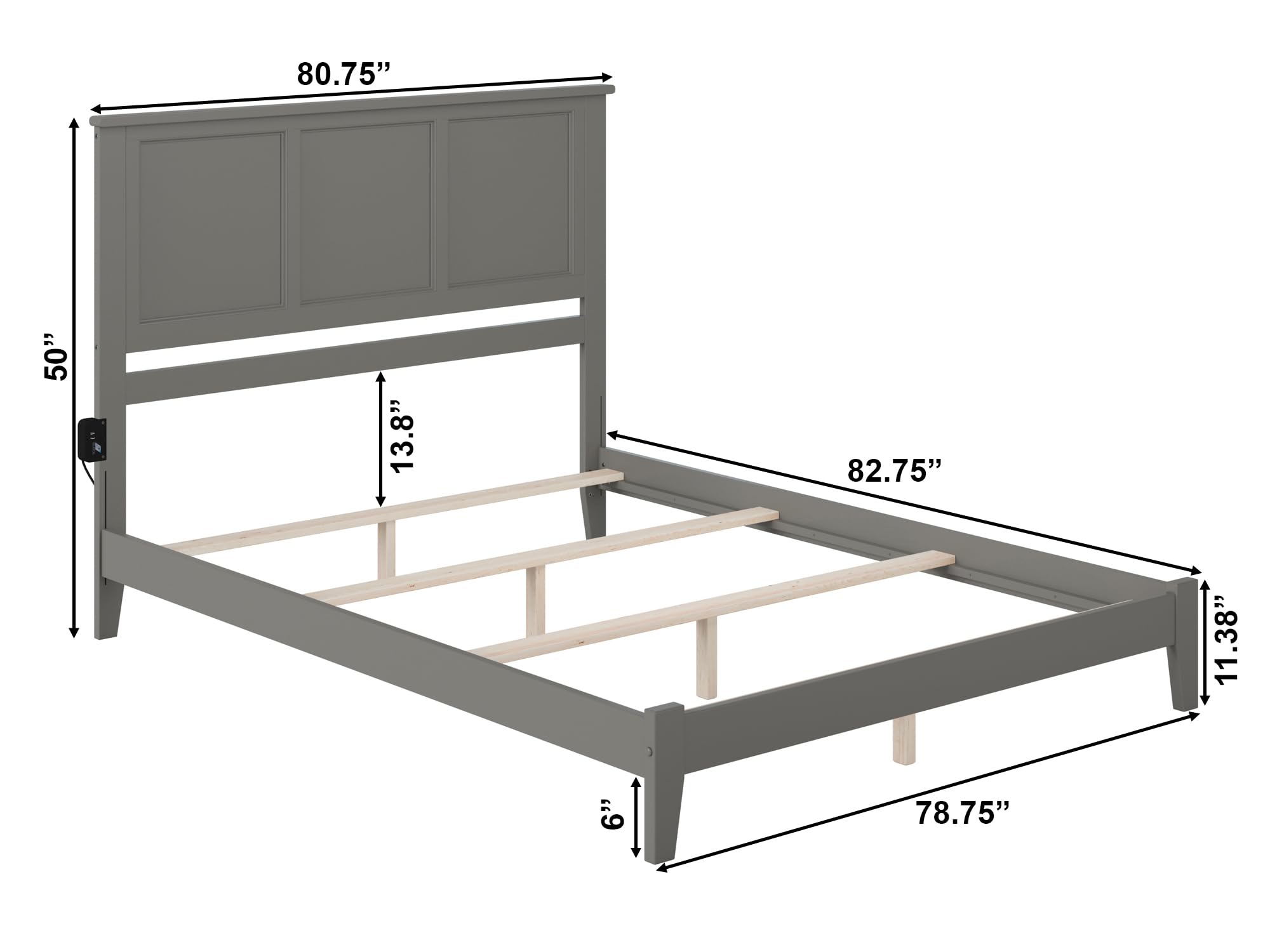 AFI Madison King Foundation Bed with USB Charging Ports - Grey Queen Size Platform Bed Frame for Modern Bedrooms | Perfect for Small Spaces & Guest Rooms