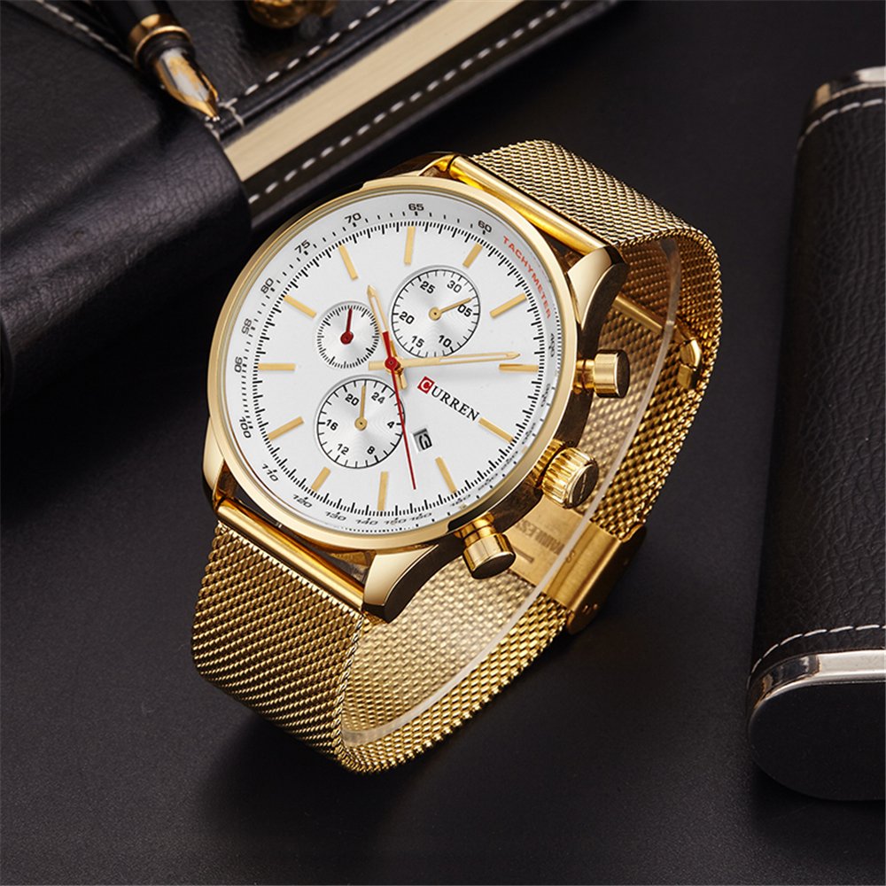 Luxury Men's Stainless Steel Quartz Watch - Waterproof Sport Wristwatch for Casual & Date (Gold/White)