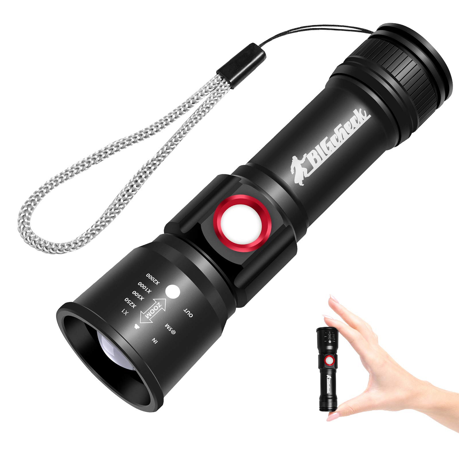 Super Bright LED Mini Flashlight - Rechargeable, 4 Modes (Strobe/High/Low/SOS), 4X Zoomable, IP67 Waterproof - Perfect for Camping, Hiking, Emergency Kits & Everyday Carry (EDC) - BigCheck Powerful Flashlight