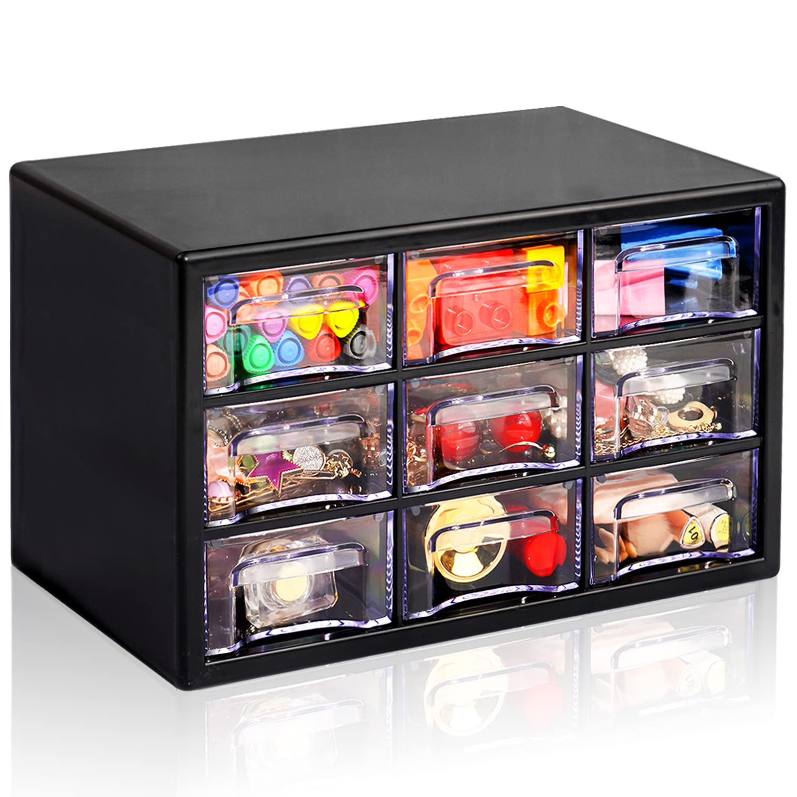 FODIENS 9-Drawer Stackable Desk Organizer - Clear Plastic Storage Box for Makeup, Jewelry, Office & Craft Supplies (9.84×6.3×5.9 Inches, Black) | Perfect for Home Office, Vanity Table & Craft Room Organization
