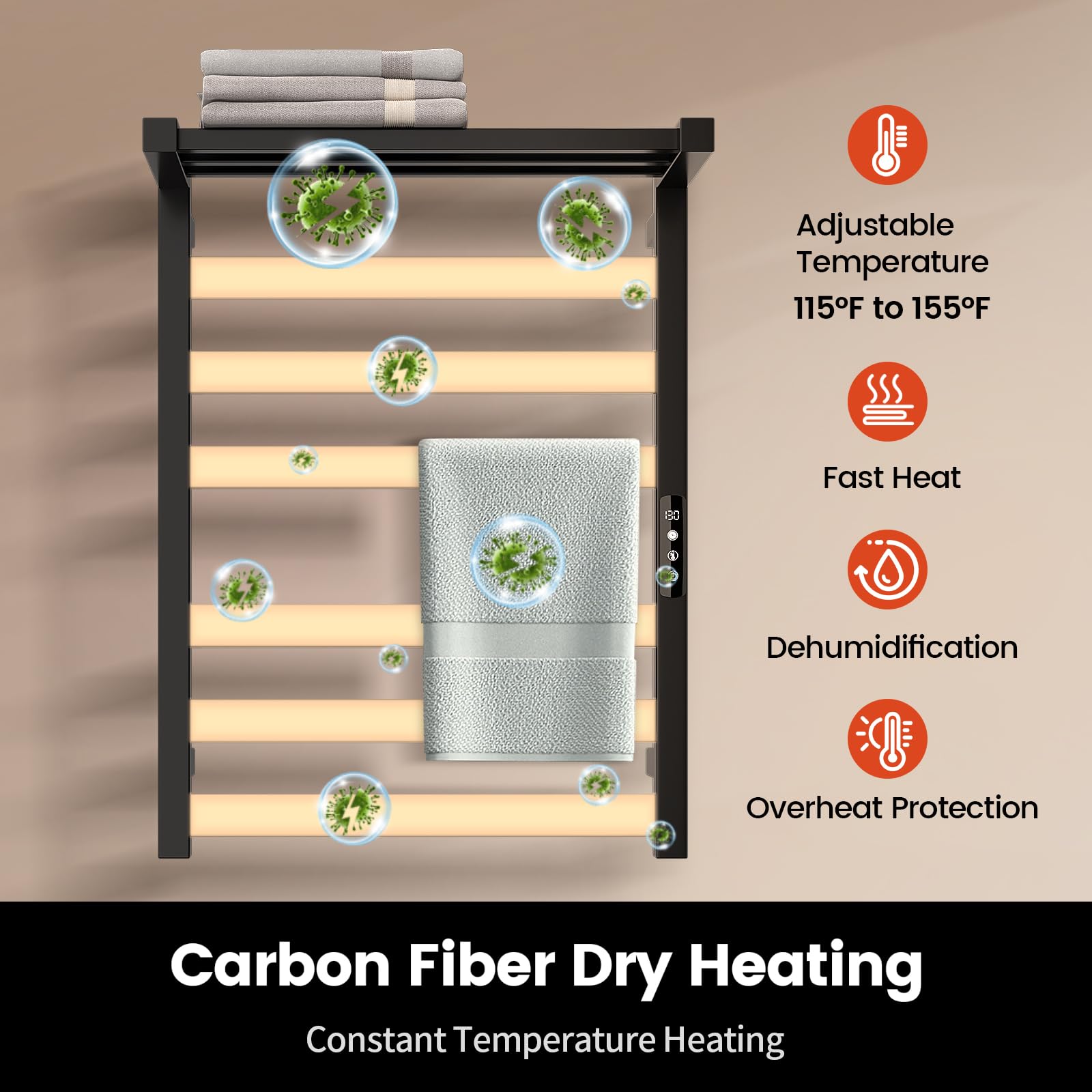 Stainless Steel Electric Heated Towel Warmer Rack - 6 Bar Wall Mounted Bathroom Heater with Built-in Timer | Hardwired & Plug-in Options | Glossy Black Finish | Perfect for Bathrooms, Spas & Luxury Home Decor