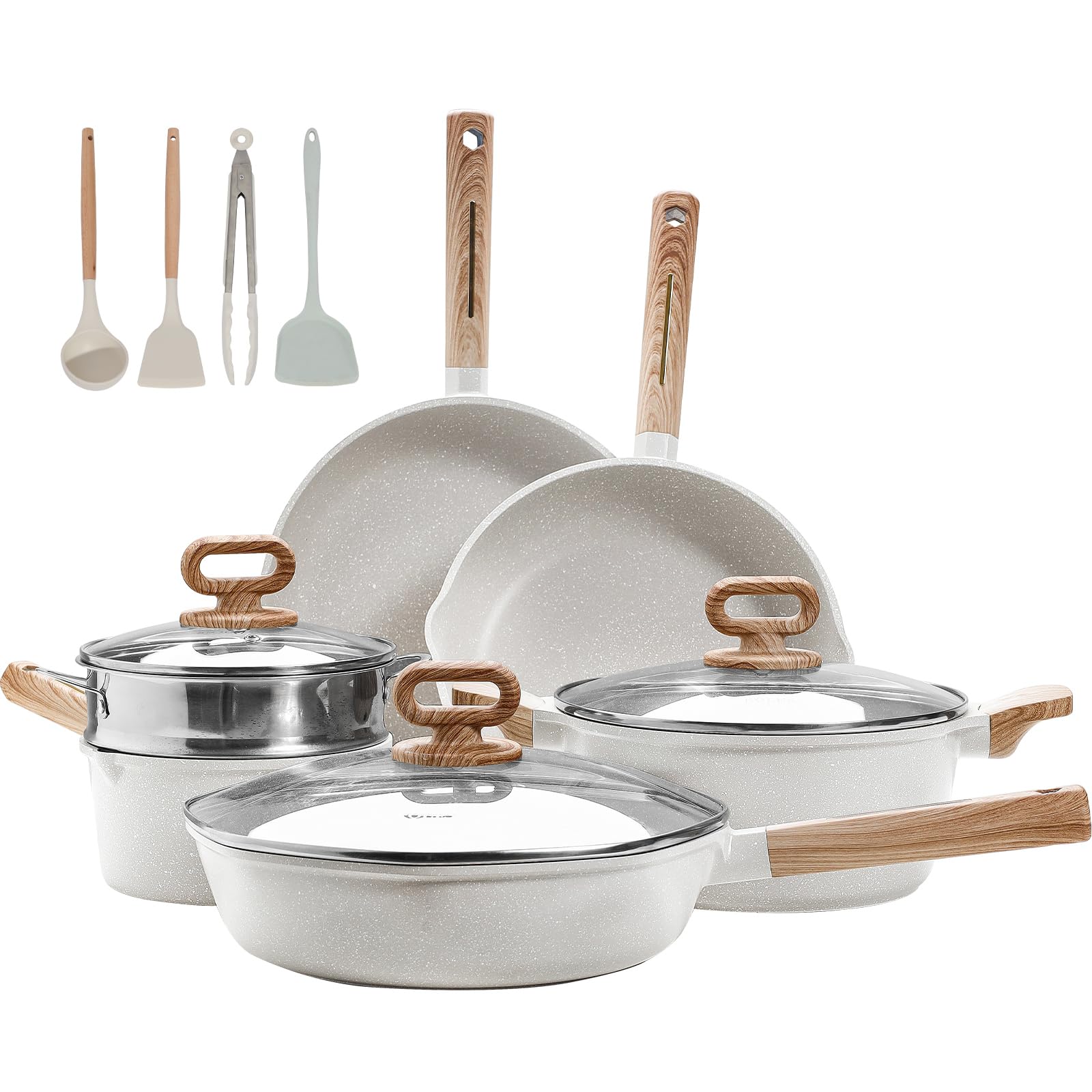 KOLEX 13-Piece Nonstick Cookware Set - White Granite Induction Pots and Pans Set with Frying Pans & Saucepans, PFOA & PFOS Free - Perfect for Home Cooking, Meal Prep & Professional Kitchens