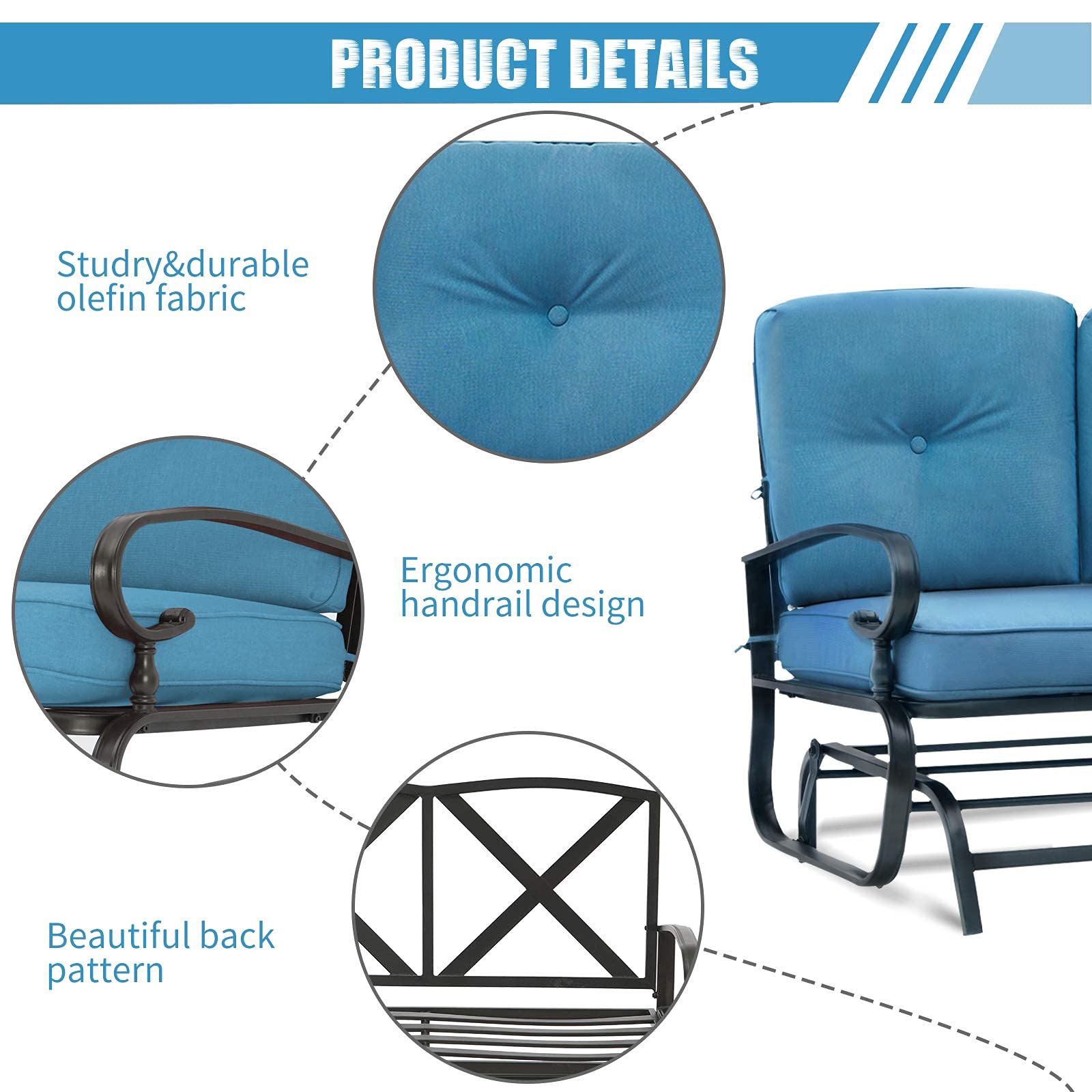 Outdoor Patio Bench Glider Swing - Steel Frame Rocking Loveseat with Thick Cushions (Peacock Blue) - Perfect for Porch, Garden & Backyard Relaxation