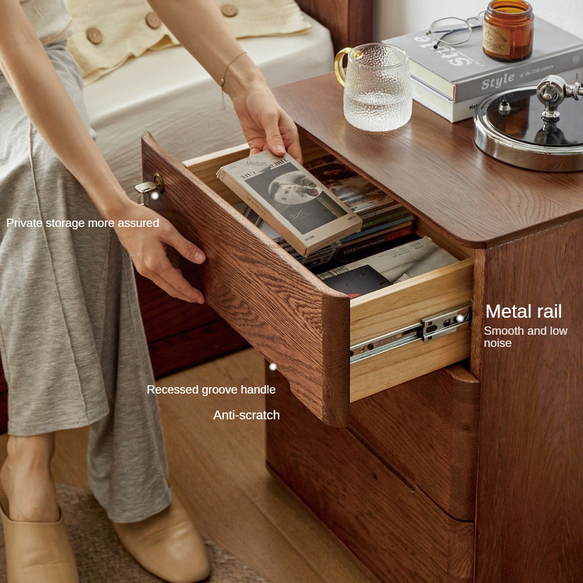 Solid Oak Wood Nightstand with Lock - Stylish and Secure Bedside Table for Bedroom Decor