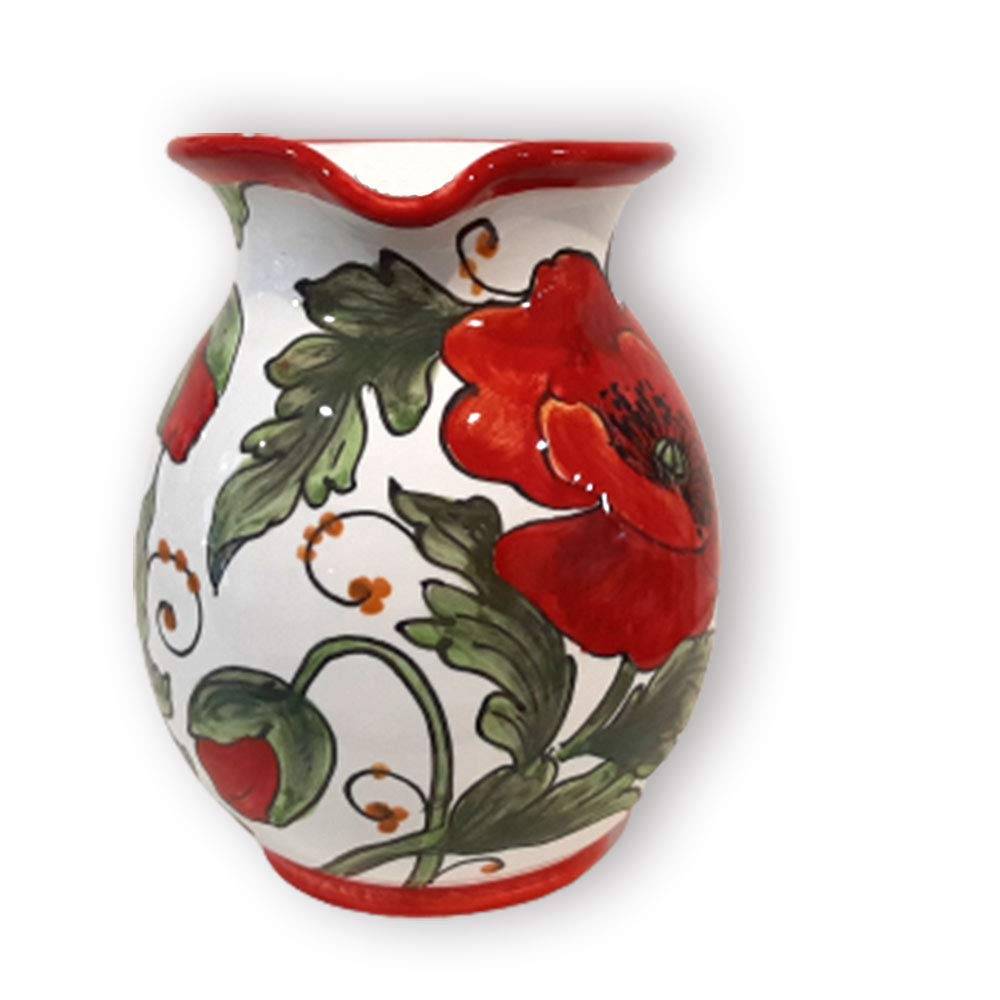Italian Ceramic Pitcher with Poppies Design - 16oz Hand-Painted Kitchen Carafe, Utensil Holder & Wine Dispenser - Tuscan Pottery Vase for Home Decor - Perfect for Rustic Kitchens, Farmhouse Dining & Gift Giving - Made in Italy