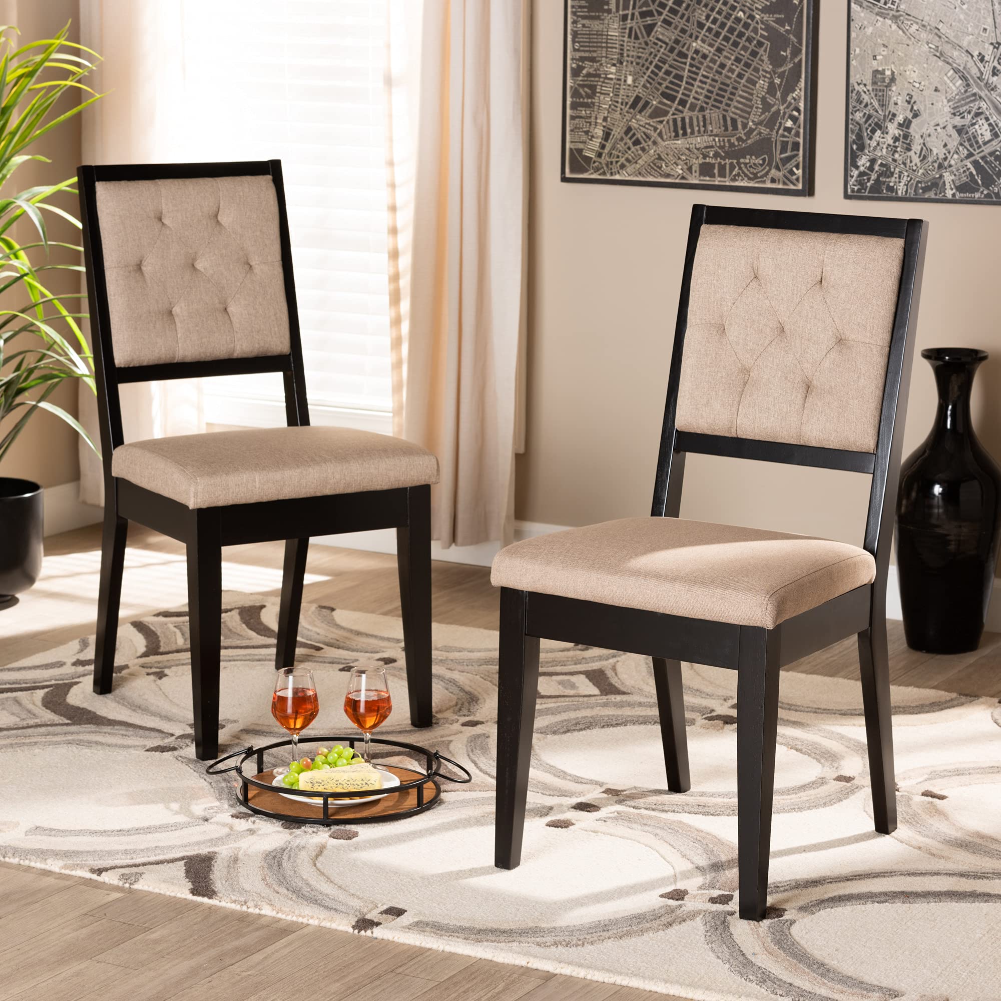 Baxton Studio Gideon 2-Piece Dining Chair Set - Sand Fabric Upholstered with Dark Brown Wood Finish - Modern Kitchen & Dining Room Chairs for Home Decor
