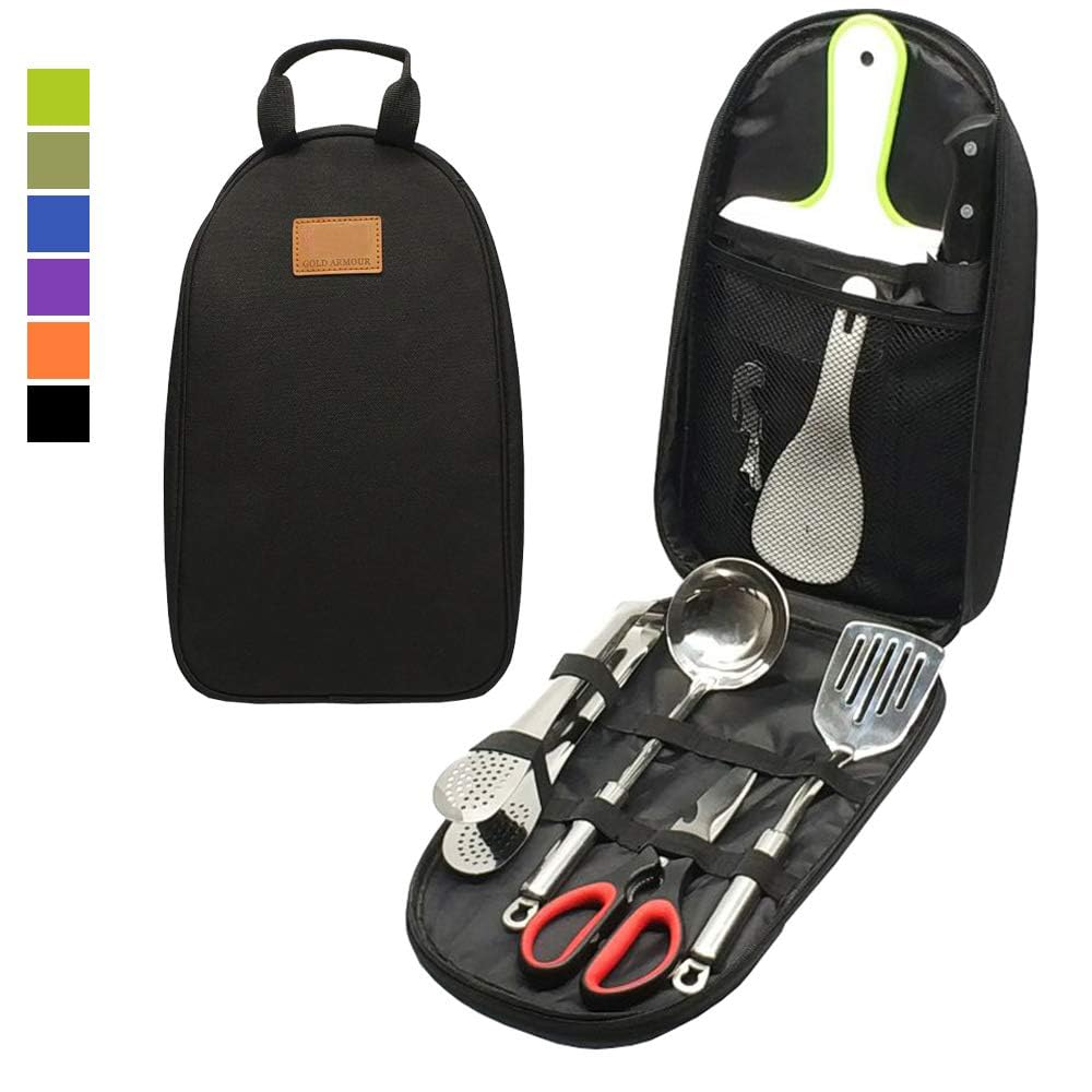 **Portable Camping Kitchen Utensil Set - Stainless Steel BBQ Cookware Organizer with Cutting Board, Tongs, Scissors, Knife, Ladle & Spatula - Perfect for Outdoor Cooking, Camping, Picnics & Travel**