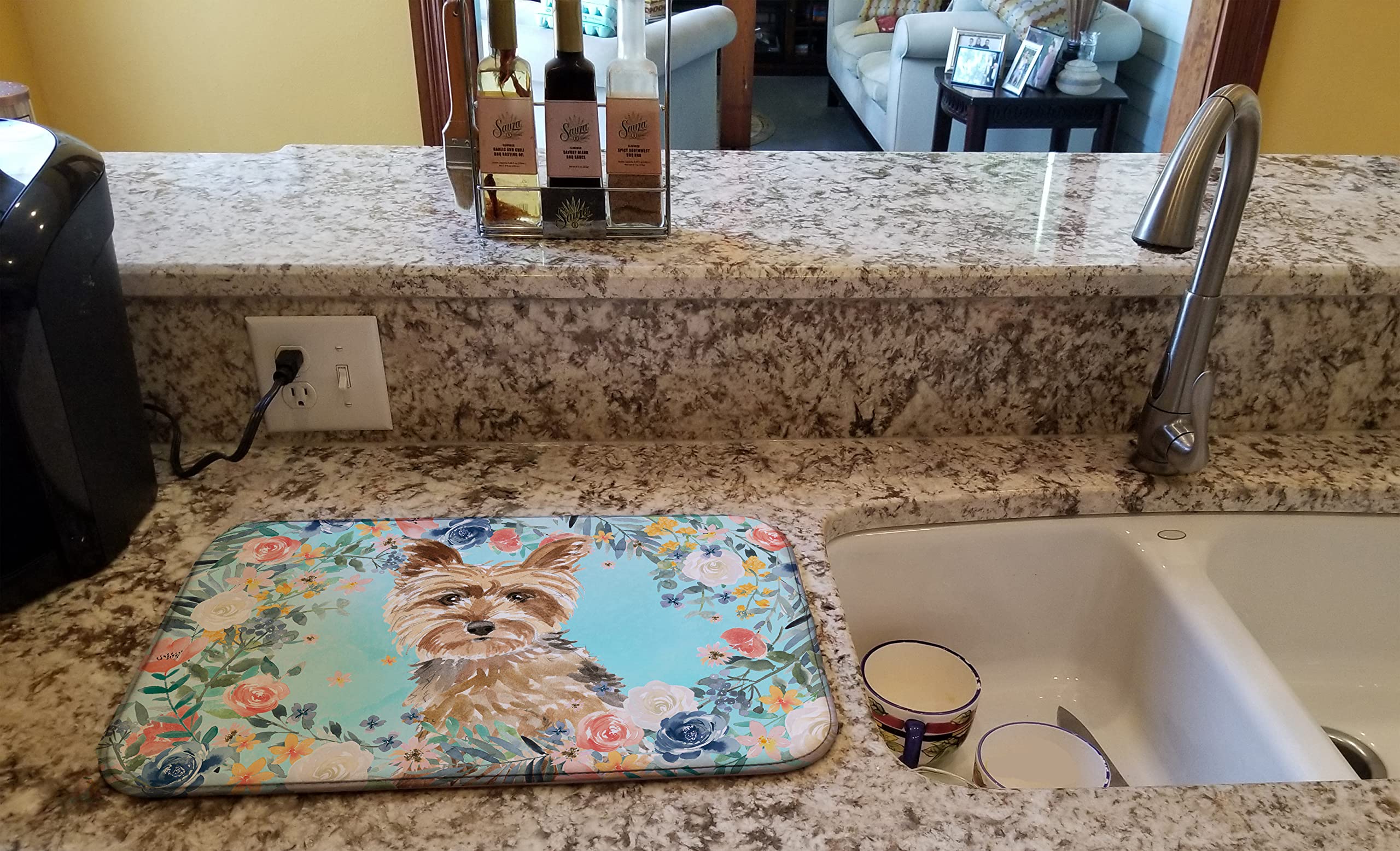 Yorkie Dog Themed Absorbent Dish Drying Mat - 14x21 Inch Multicolor Kitchen Counter Pad | Perfect for Countertop Protection & Utensil Drying After Washing