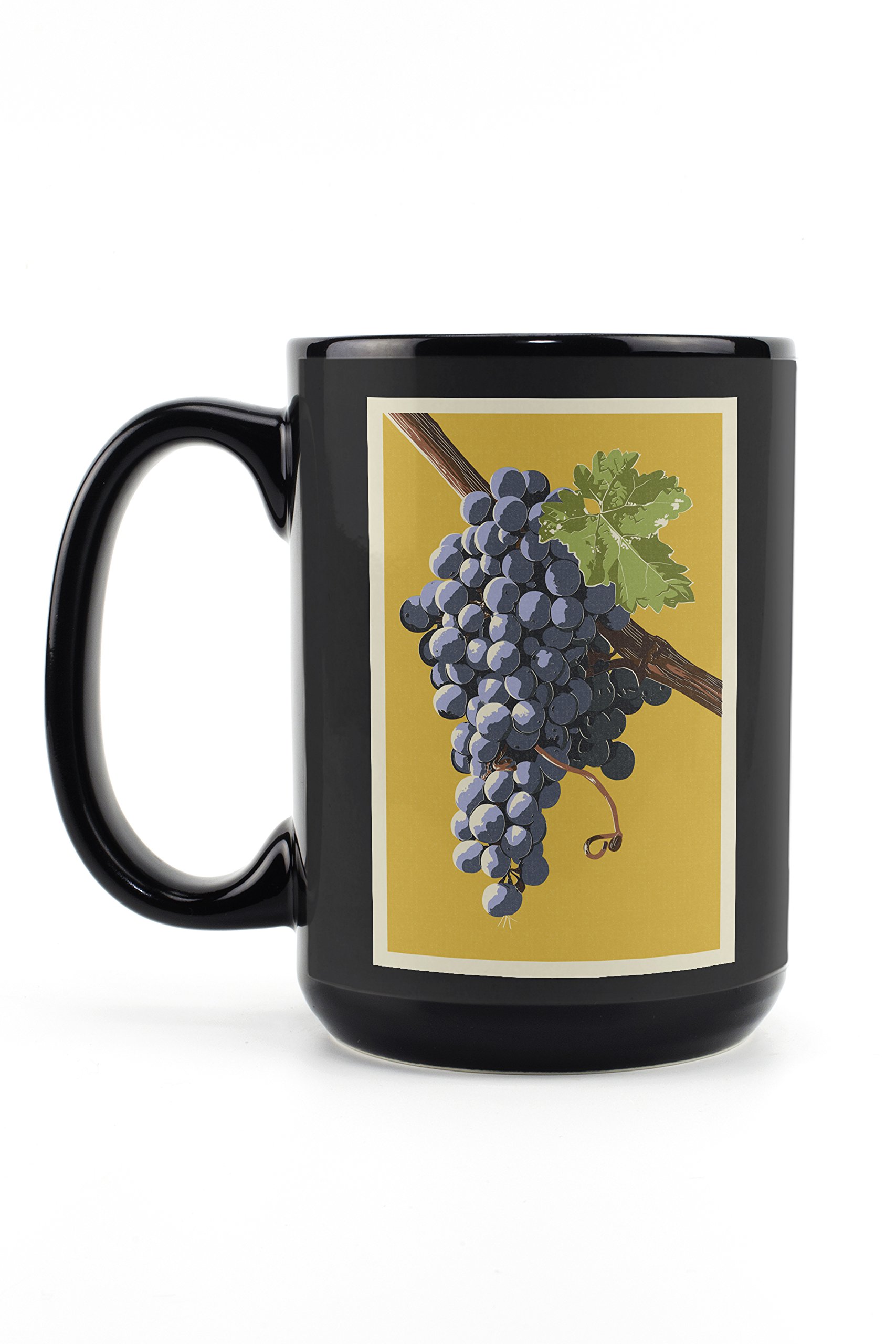 15oz Black Ceramic Coffee Mug - Wine Grapes Letterpress Design - Dishwasher & Microwave Safe - Perfect for Tea, Coffee & Hot Beverages at Home or Office