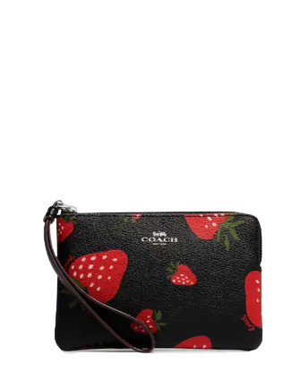 Coach Corner Zip Wristlet with Wild Strawberry Print - Stylish Crossbody Wallet for Women - Perfect for Everyday Use, Travel, and Parties