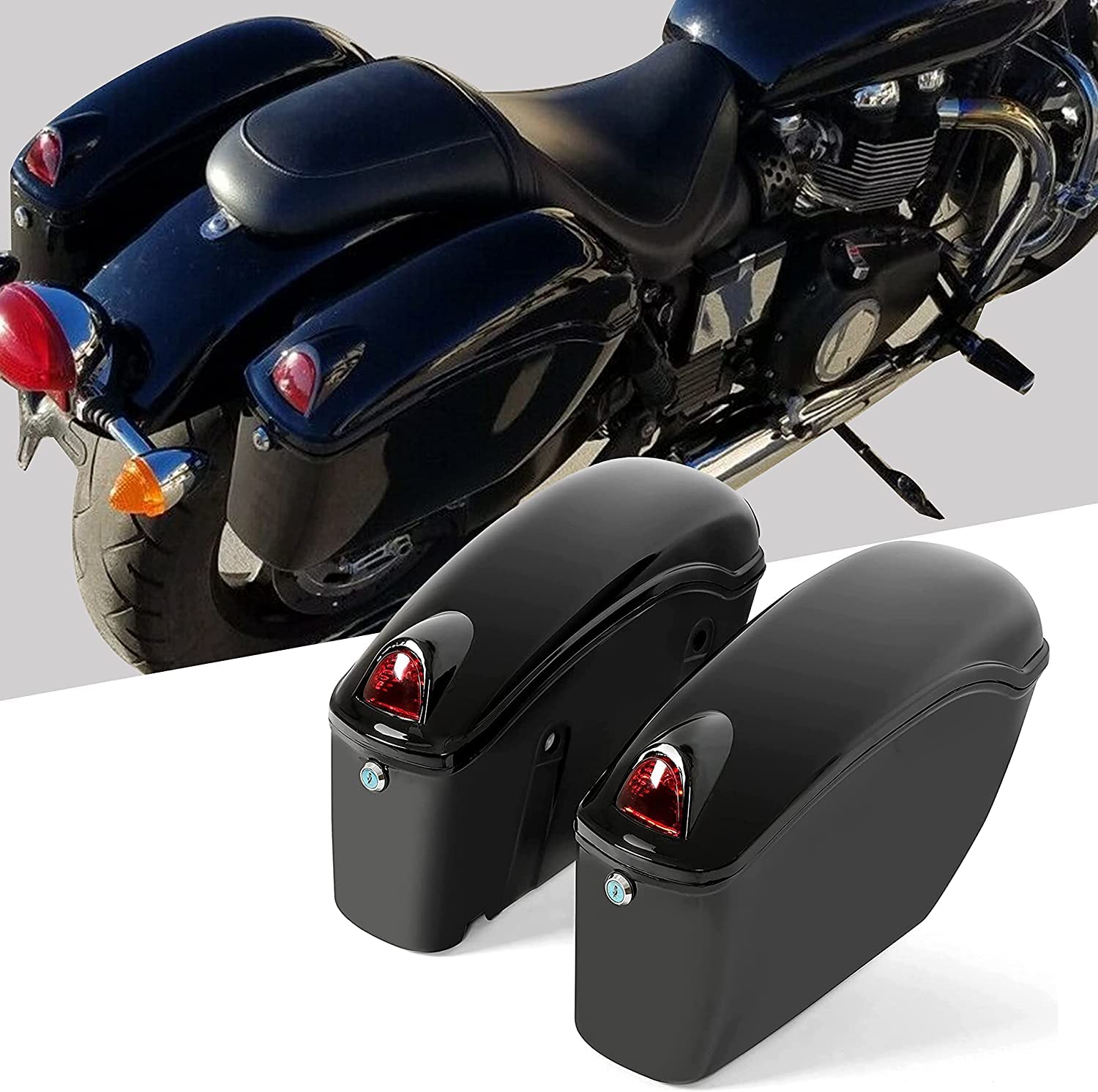Universal Hard Saddle Bags for Motorcycles - Waterproof Cruiser Trunk Luggage with Mounting Brackets & LED Lights - Fits Yamaha, Honda & Other Cruiser Bikes - Perfect for Long Distance Rides, Road Trips & Touring Accessories