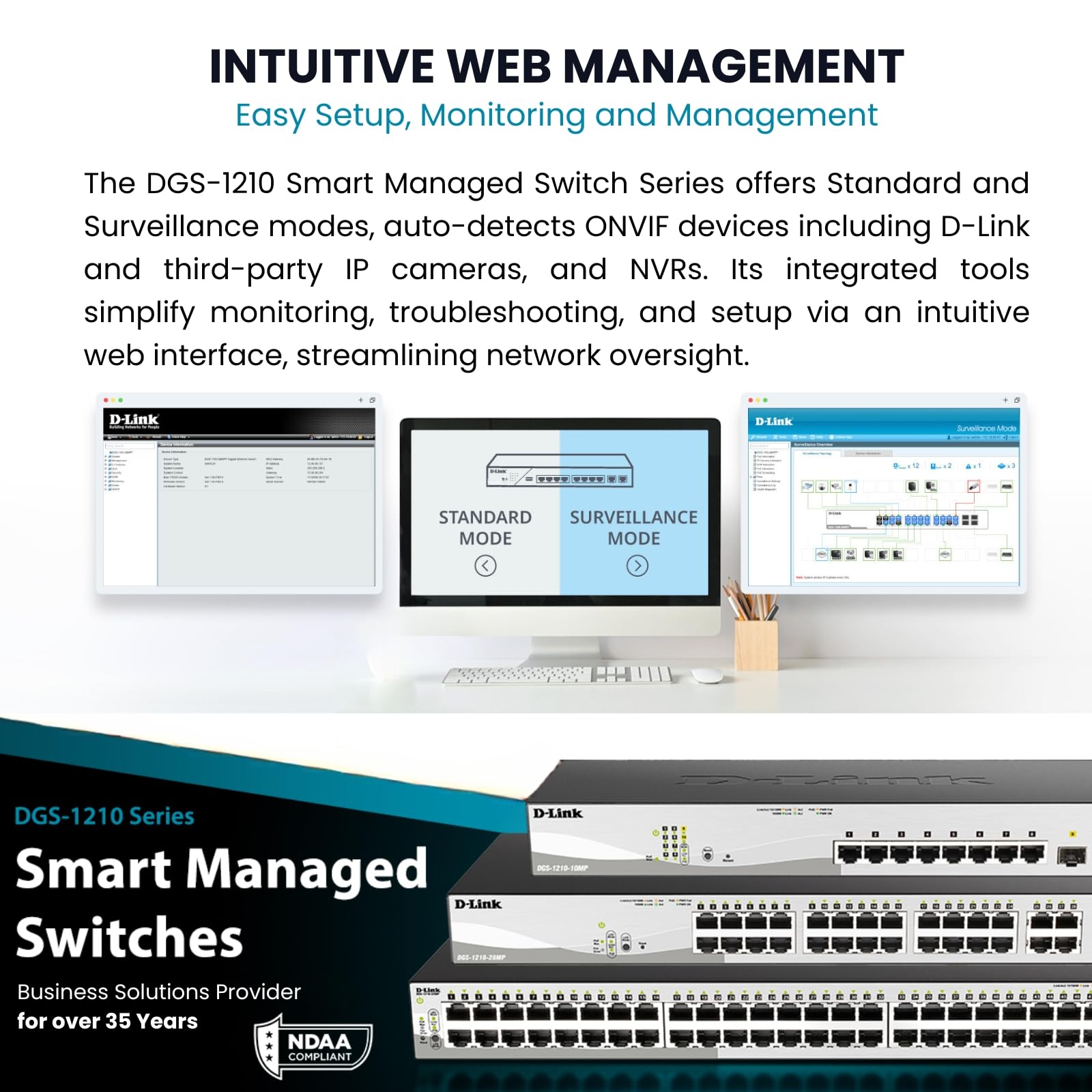 D-Link DGS-1210-10 10-Port Gigabit Smart Managed Switch with 8 GbE & 2 SFP Ports, L2+ Features, VLAN Support, Cable Diagnostics - Web Managed for Home Office, Small Business Network Setup | Desktop/Rackmount | Fanless Design | NDAA Compliant | Lifetime Warranty