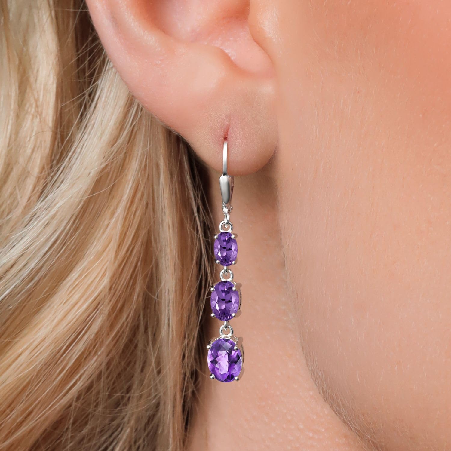 Gem Stone King 3-Stone Leverback Drop Dangle Earrings for Women - 925 Sterling Silver Birthstone Jewelry | Oval 8x6mm, 7x5mm & 6x4mm Gemstones | Elegant Gift for Mom, Wife, Her | Perfect for Weddings, Anniversaries & Special Occasions