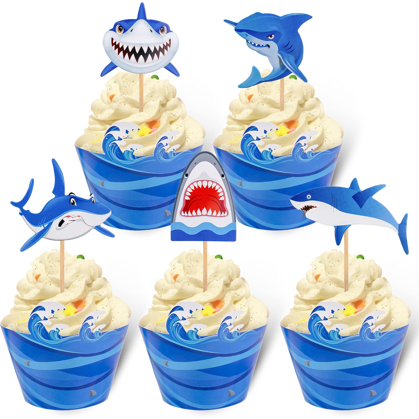 Konsait Cupcake Toppers - 20 Pack Cute Baby Shark Cake Decorations with Wrappers, Blue Ocean Themed Party Supplies for Boys & Girls, Baby Showers, 1st & 2nd Birthday, Kids Crafts, DIY Dessert Decor