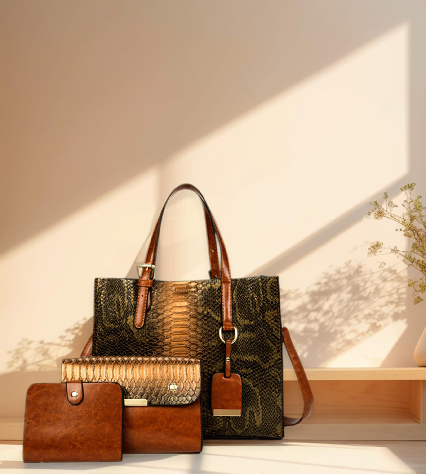 KingTo Women's Crocodile Pattern Satchel Handbag Set - Stylish Tote & Shoulder Bag 3-Piece Collection for Work, Travel & Evening Out