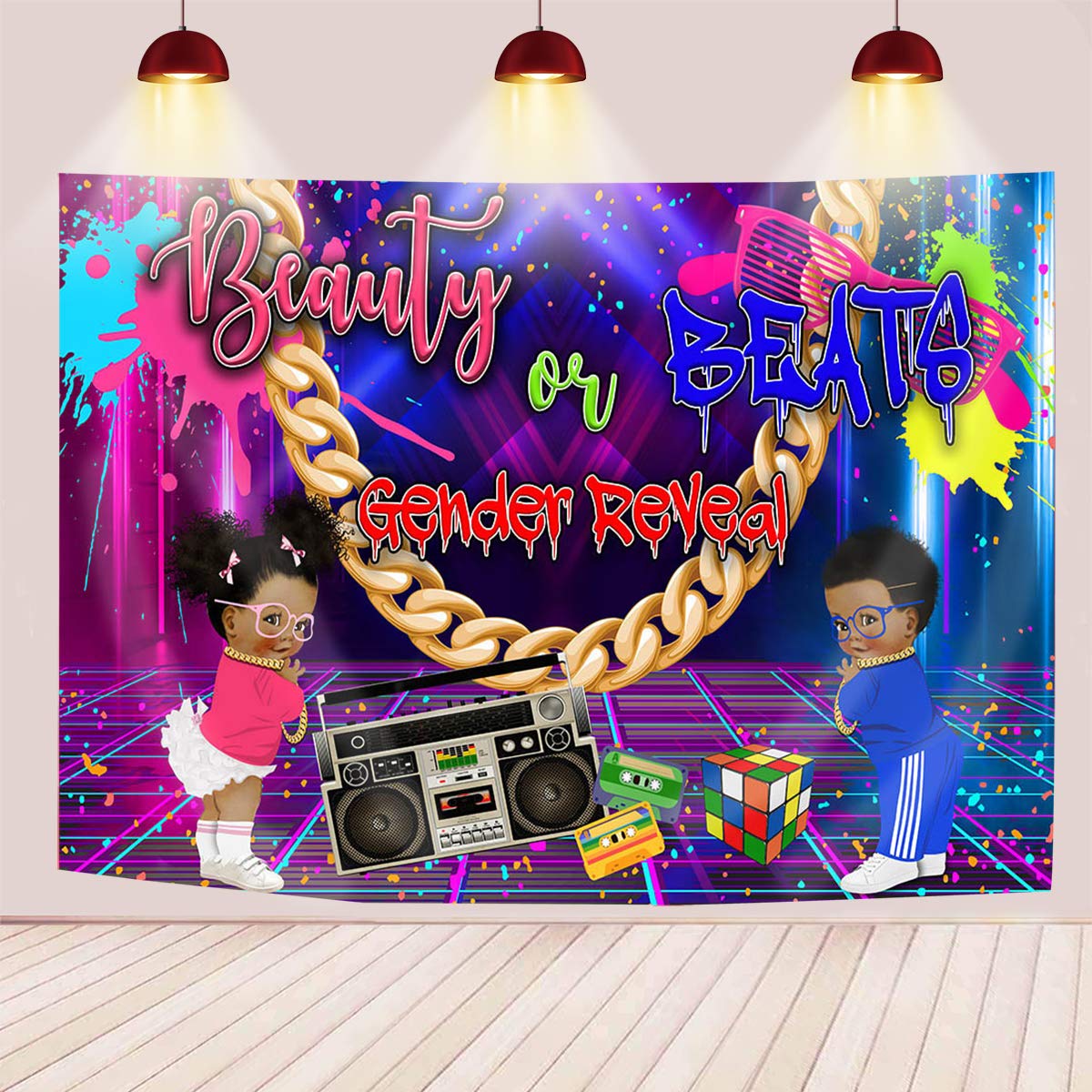 Retro Neon Disco Radio Gender Reveal Backdrop - 7x5ft (82x60 inch) Hip Hop Themed Baby Shower Decor for Boy or Girl Party - Perfect for Gender Reveal Events, Baby Showers, and Themed Birthday Parties