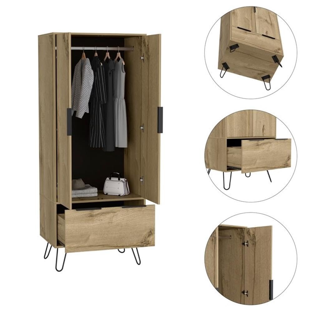 Atlin Designs Light Oak Wood Closet - 2 Door Cabinets & 1 Drawer Storage Organizer for Bedroom, Hallway, or Entryway