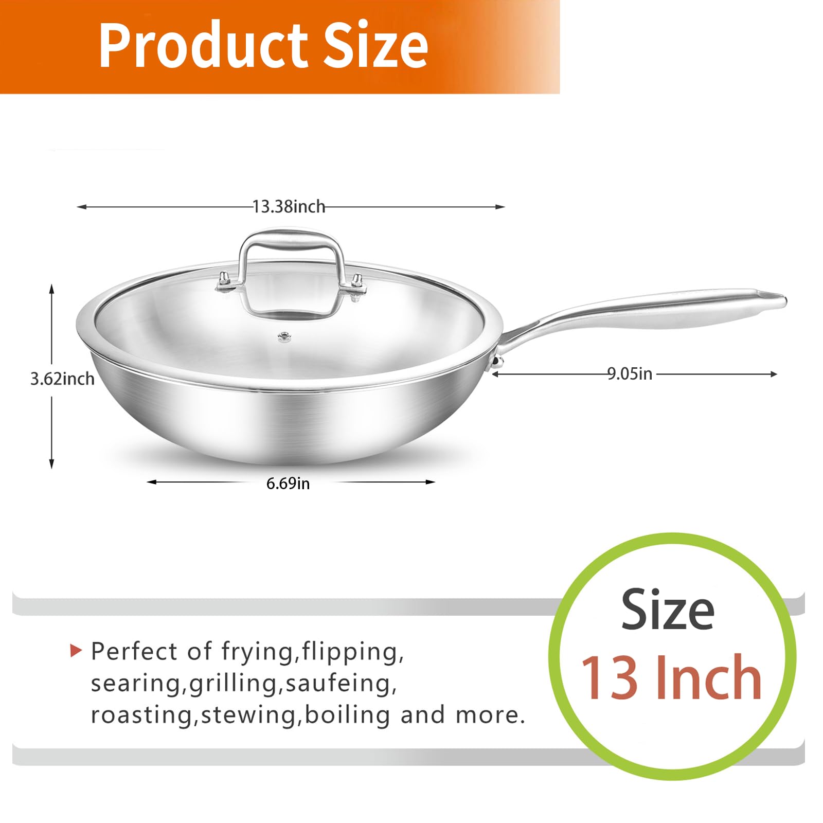 DELARLO 13-inch Stainless Steel Wok Pan with Lid - Tri-Ply Induction Compatible Stir Fry Pan for High Heat Cooking (600°F) - Large Cooking Surface with High Sides - Perfect for Asian Stir-Fry, Sautéing, and Family Meals
