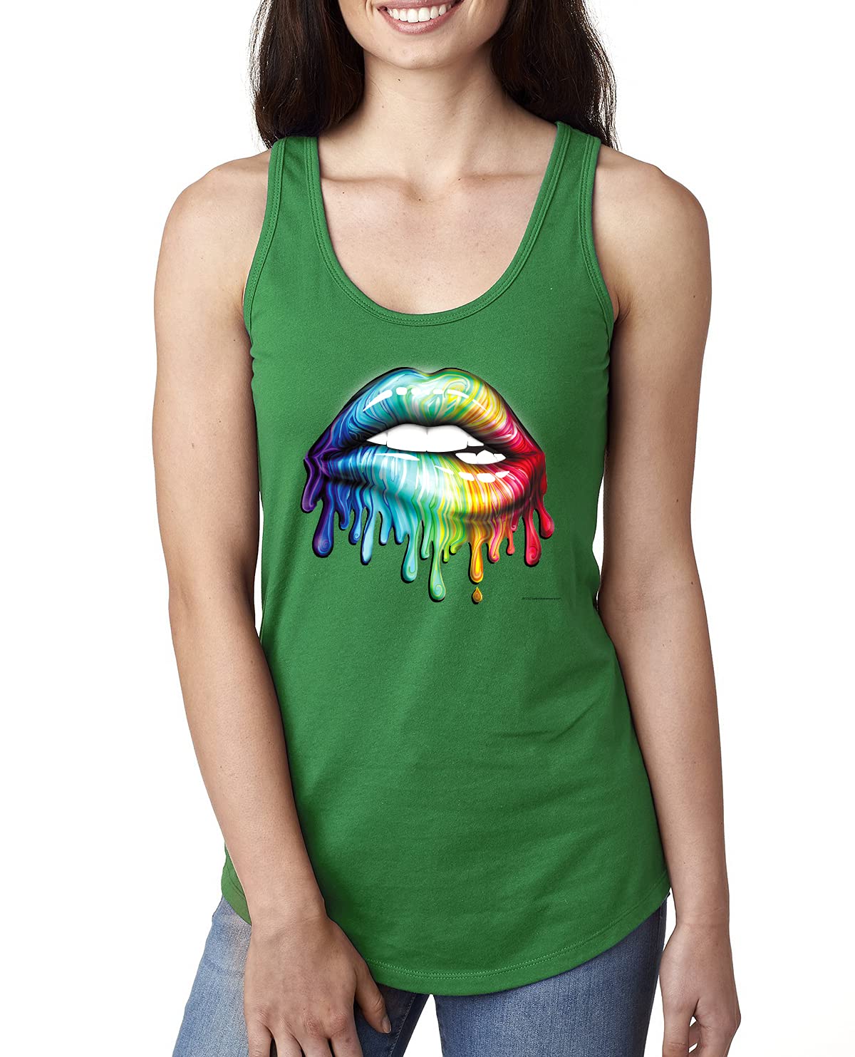 Vibrant Neon Rainbow Biting Lips Pop Culture Women's Racerback Tank Top - Trendy Graphic Tee for Concerts, Festivals & Summer Outfits