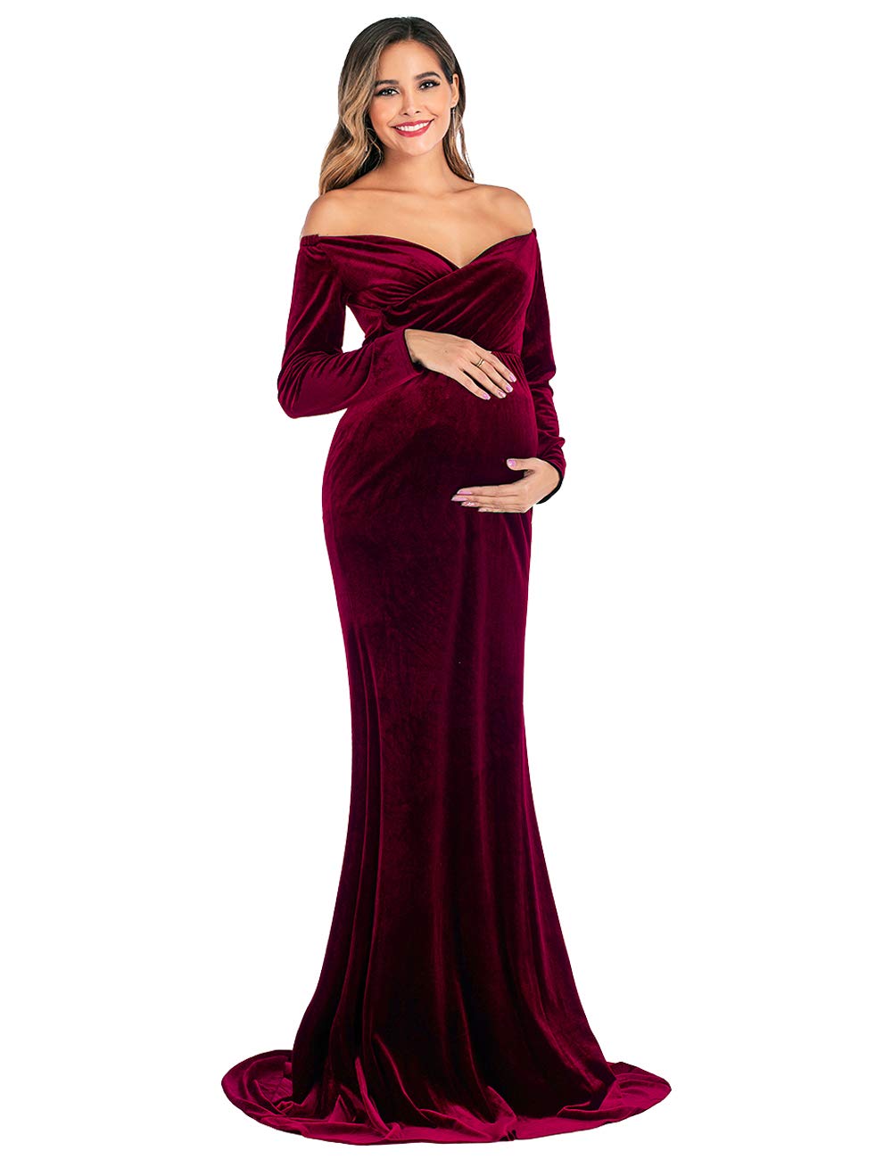 Elegant Velvet Maternity Dress - Off Shoulder Long Sleeve Fitted Gown for Pregnancy Photoshoot, Baby Shower & Special Occasions | Stretchy Maxi Photo Prop Dress for Women