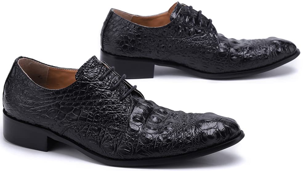 Men's Genuine Leather Oxford Dress Shoes - Pointed Toe Crocodile Print Slip-On for Business, Wedding & Party | Comfortable & Stylish Formal Footwear for Work & Special Occasions