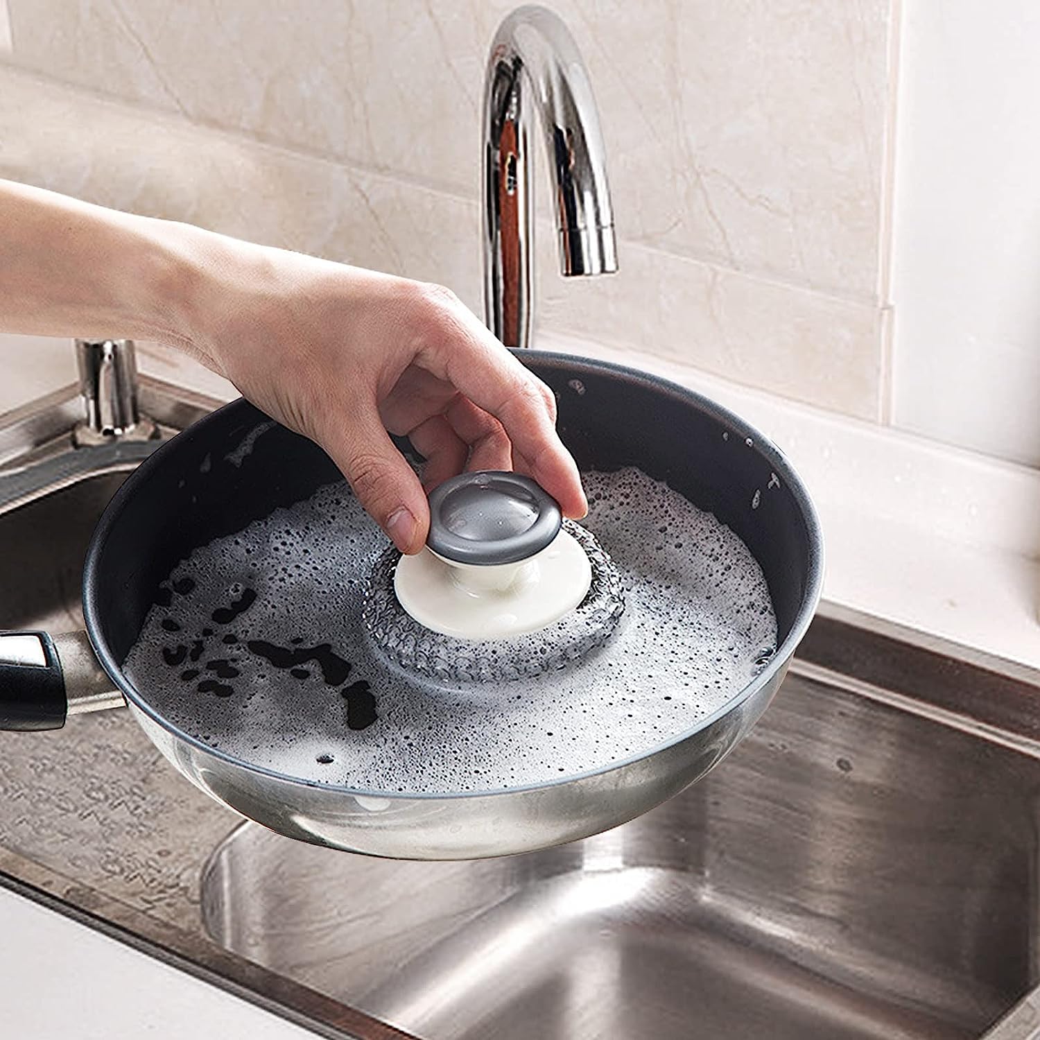 Heavy Duty Stainless Steel Scrubber with Handle - Professional Cleaning Tool for Pots, Pans, Grills, Ovens, Stovetops & Kitchen Utensils - Perfect for Tough Grease & Burnt-On Food Removal - Ideal for Home, Restaurant & Outdoor Cooking Use